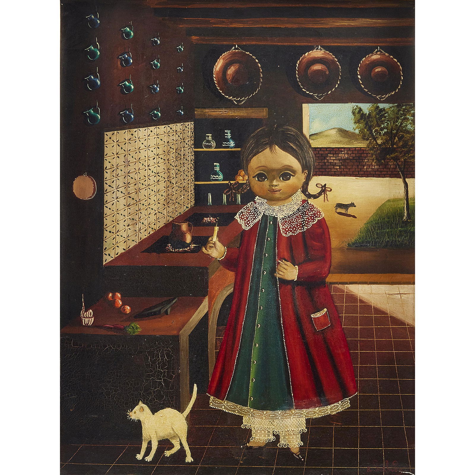 Agapito Labios (1898-1996 Mexican): Oil on canvas Portrait of a Girl and a Cat Signed l/r Sight: 22 3/4 in x 17 1/4 in Framed: 27 3/4 in x 22 1/4 in
