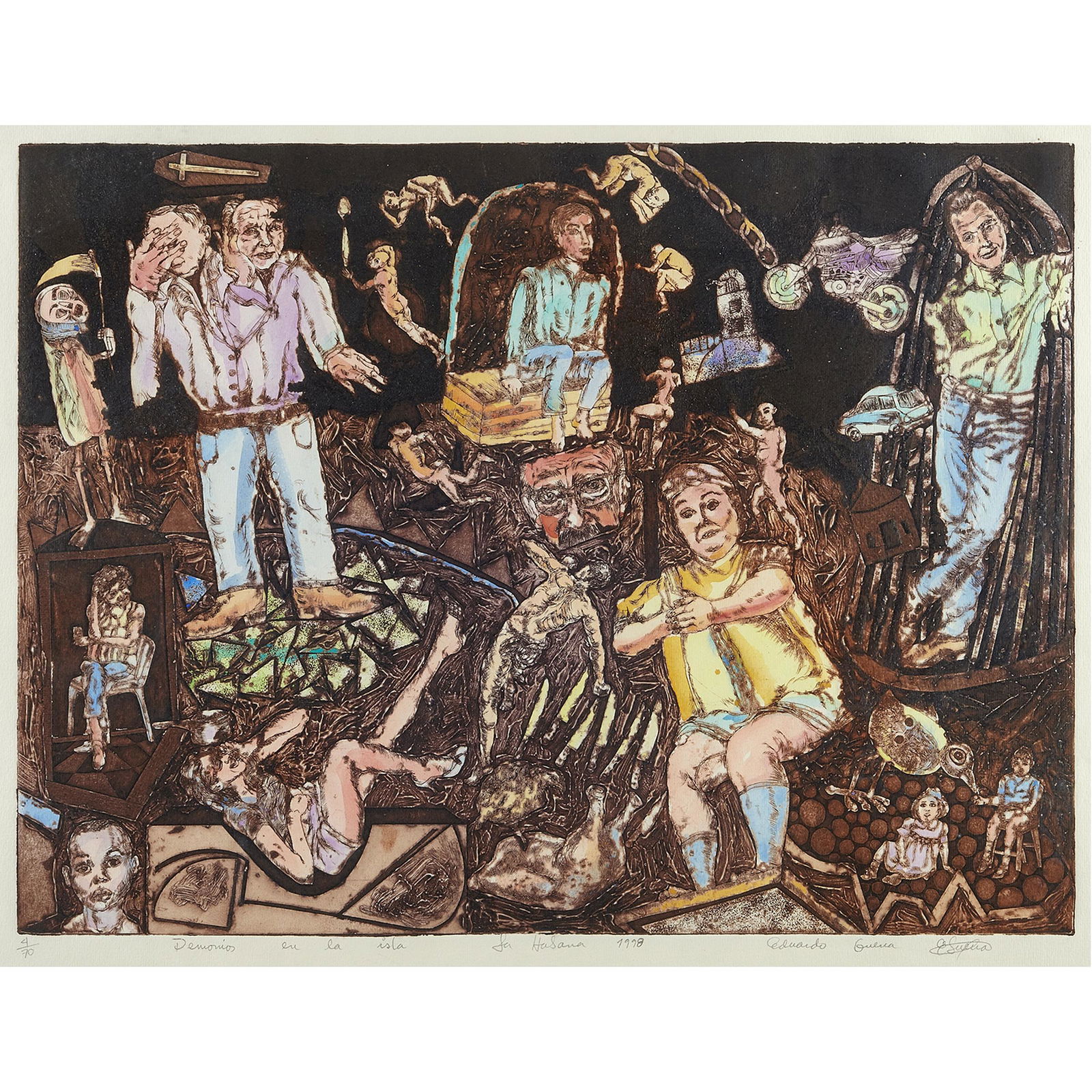 Eduardo Guerra (b. 1957 Cuban): Hand colored Colograph 4/70 "Demonios en la Isla" Signed, titled and dated in pencil in margin Bearing label on reverse: Duvall-Durand Gallery, Sutter St. San Francisco Sight: 24in. x 19in. (61cm. x 4