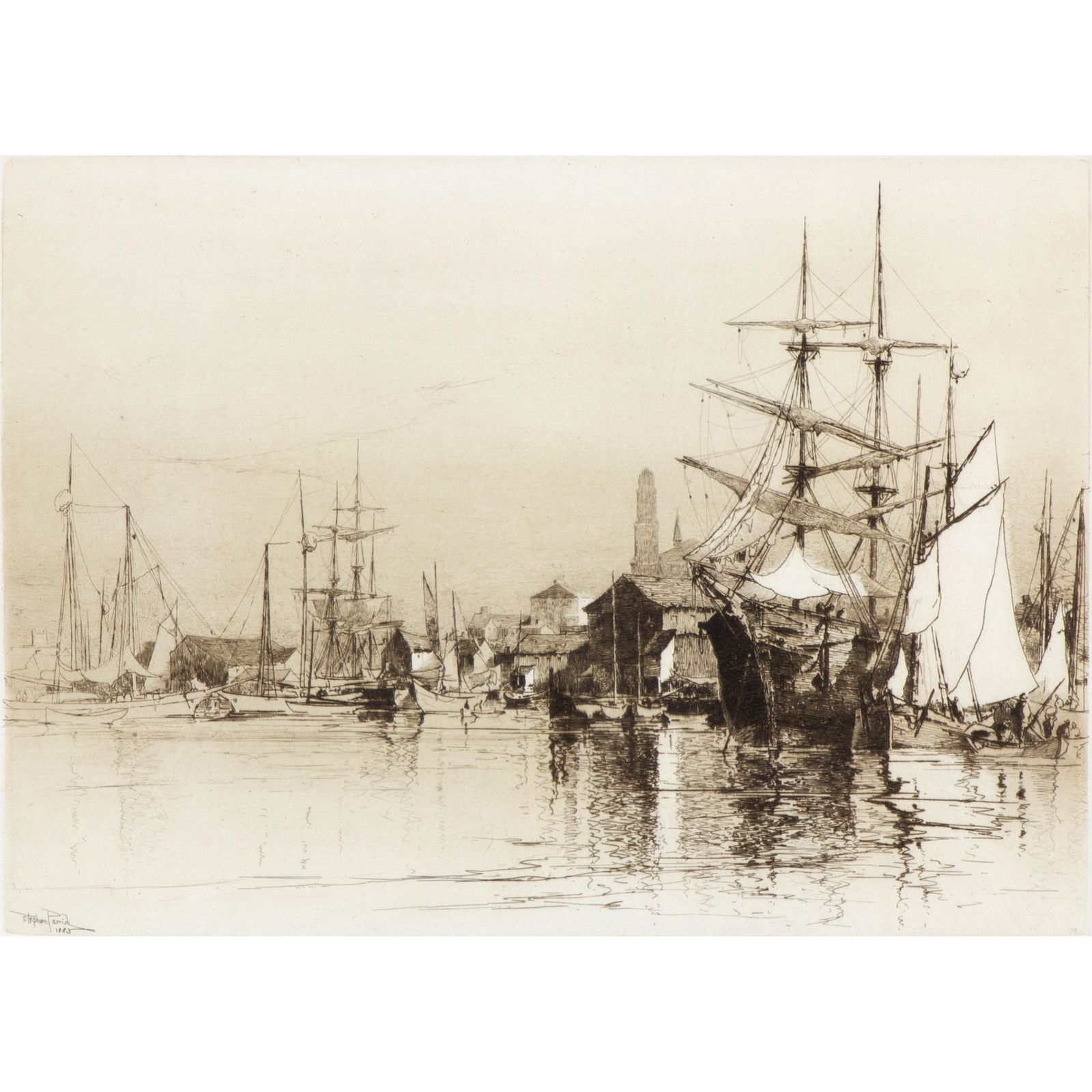 Stephen Parrish (1846-1938 American): Etching, 'In Port' signed, dated in plate. 13 1/2in. x 10in. (34cm. x 26cm) Framed: 20in. x 16in. (51cm. x 66cm)
