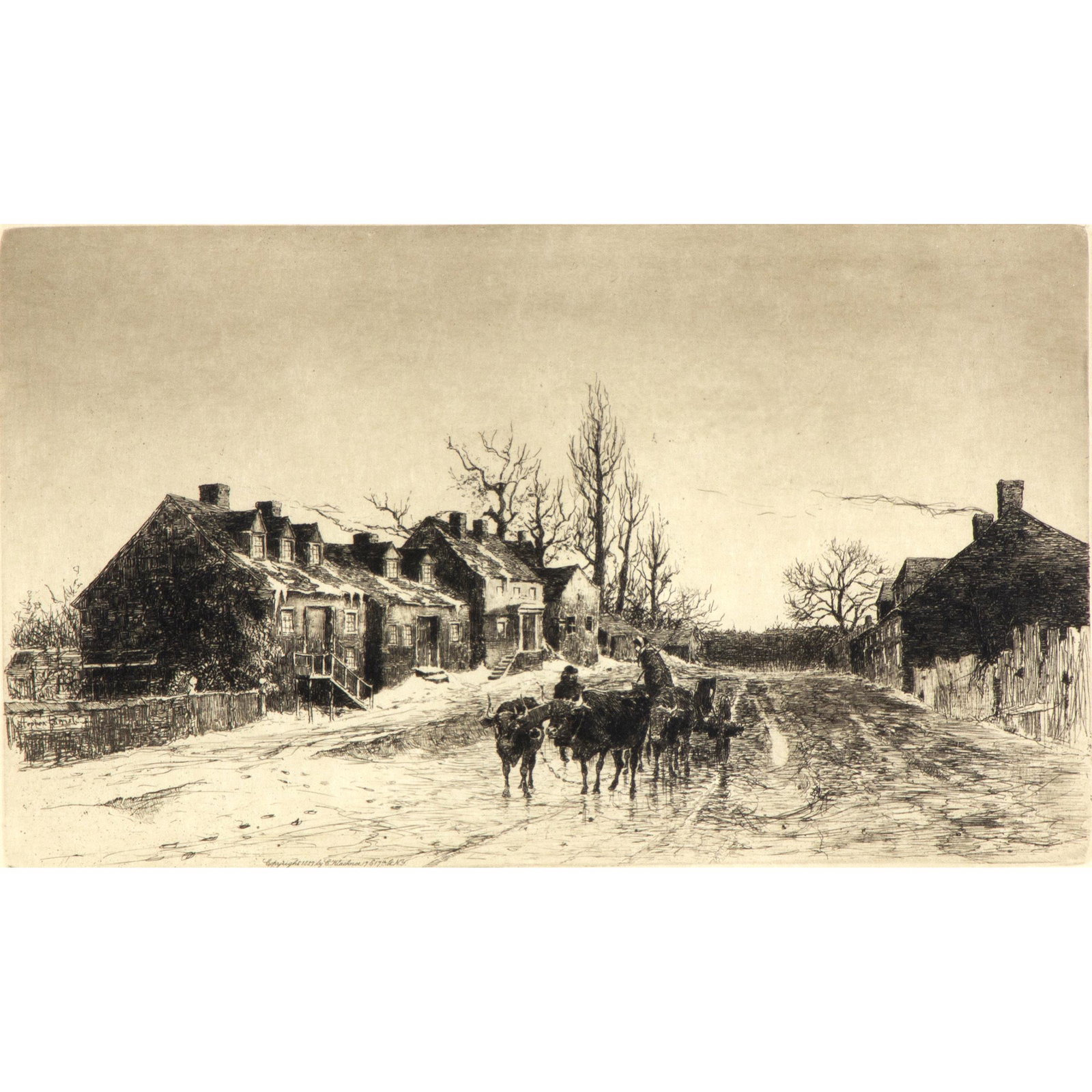 Stephen Parrish (1846-1938 American): Etching, 'Winter Street Scene' Signed in plate and in pencil in margin. 12 1/2in. x 8in. (32cm. x 20cm) Framed: 19in. x 14in. (48cm. x 36cm)