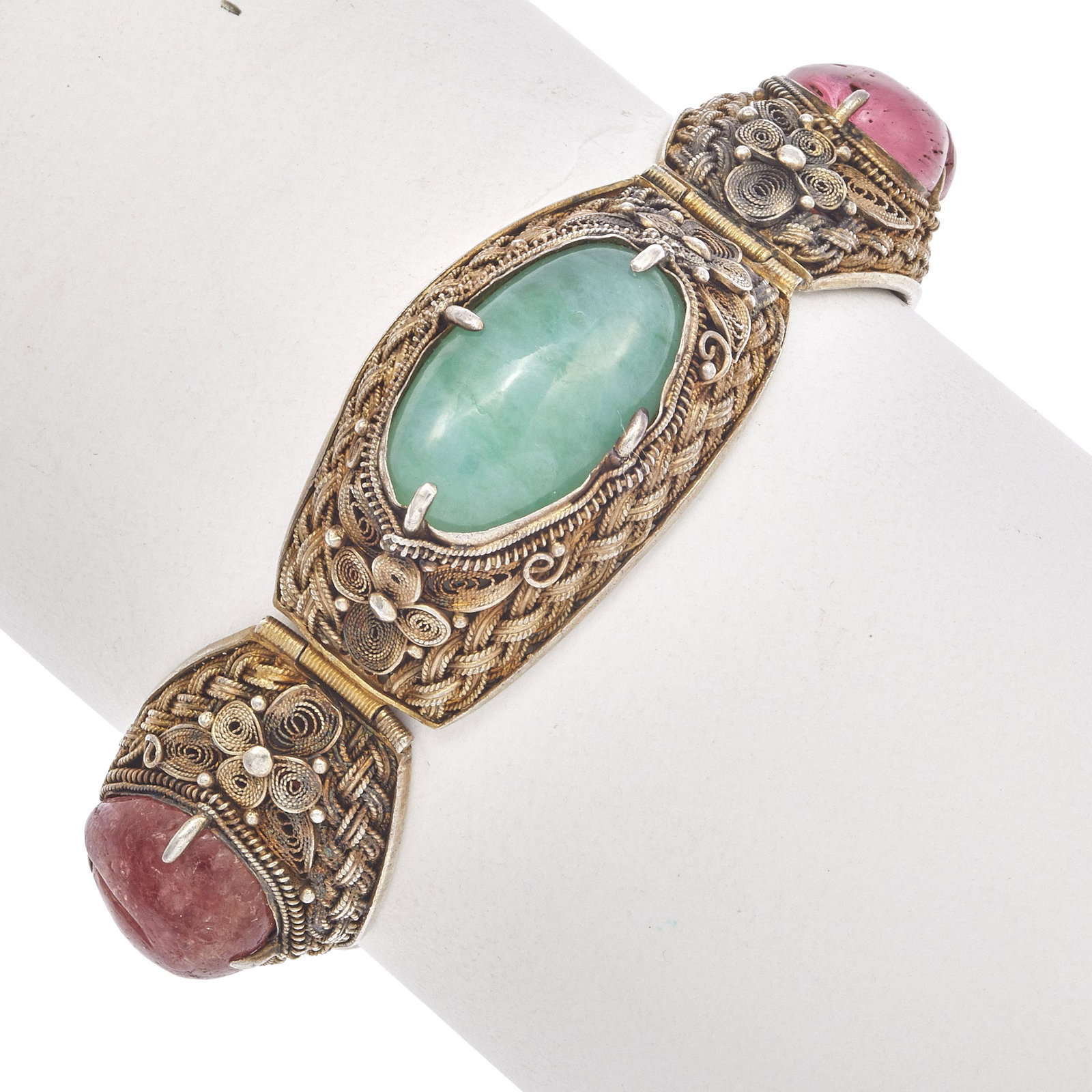 Chinese Export Silver Jade, Tourmaline Bracelet (1 of 3)