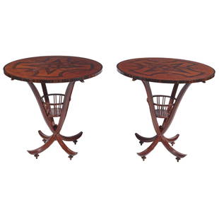 Pair of Emilio Terry for John Widdicomb Design Sculptural Tables: The circular top inlaid with intersecting star banding raised on curved tapering legs joined by a basket ending in spherule feet. 29in. (74cm) h. 29in. (74cm) d.