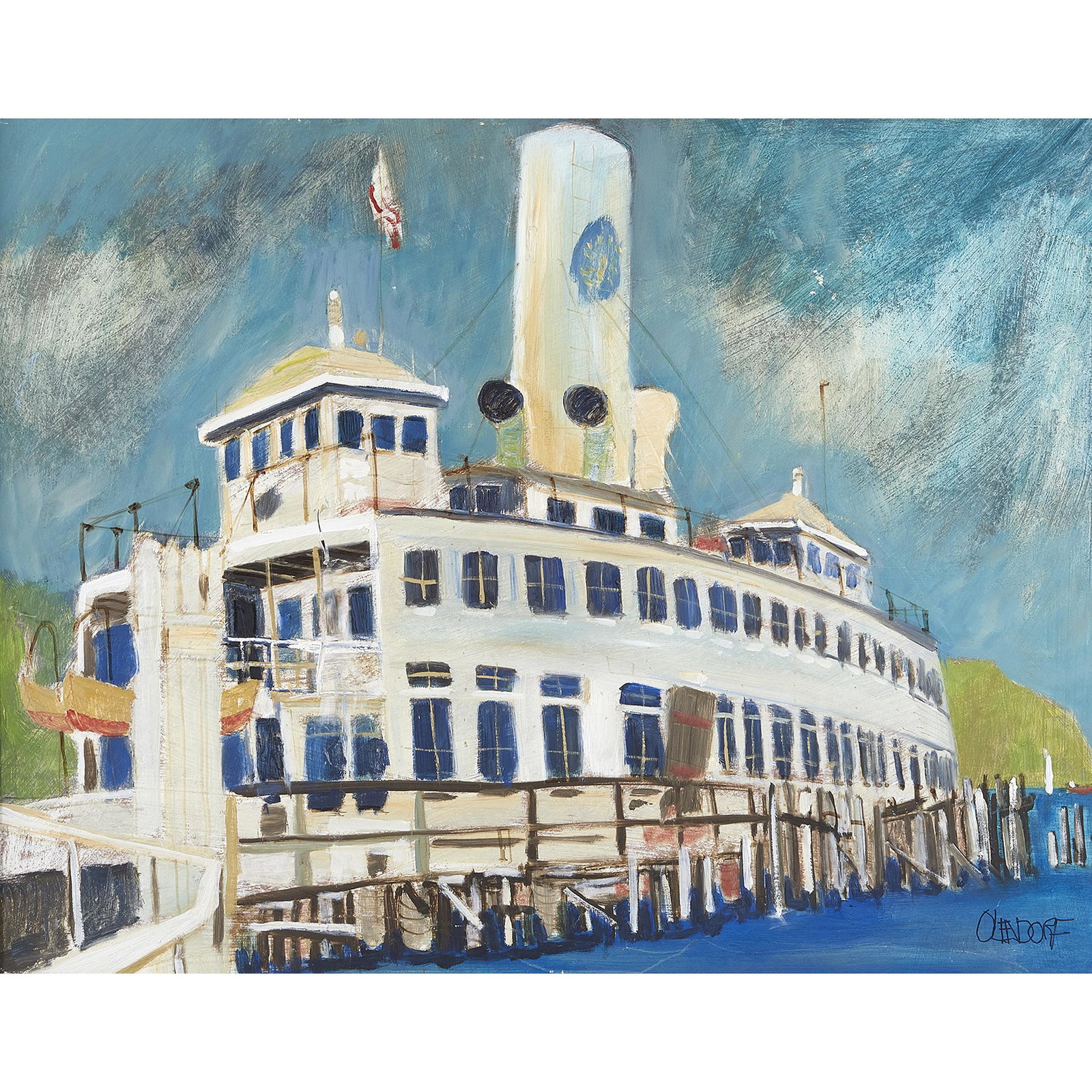 William Olendorf (1924-1996 American): Ferry boat on Embarcadero oil on board Sight: 29in. x 23in. (74cm. x 58cm) Framed: 37in. x 31in. (94cm. x 79cm)