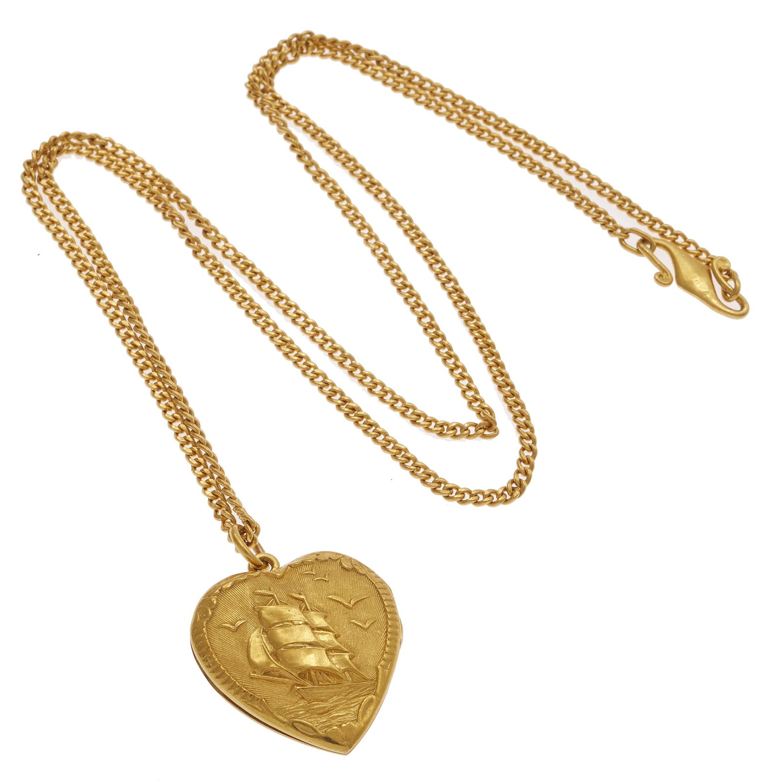 Chinese 22k Yellow Gold Locket Necklace: Designed as a heart, the 22k yellow gold locket, featuring a repousse nautical motif, Chinese characters to the reverse, suspended by a 22k yellow gold curb link chain completed by an "S" hook clasp f