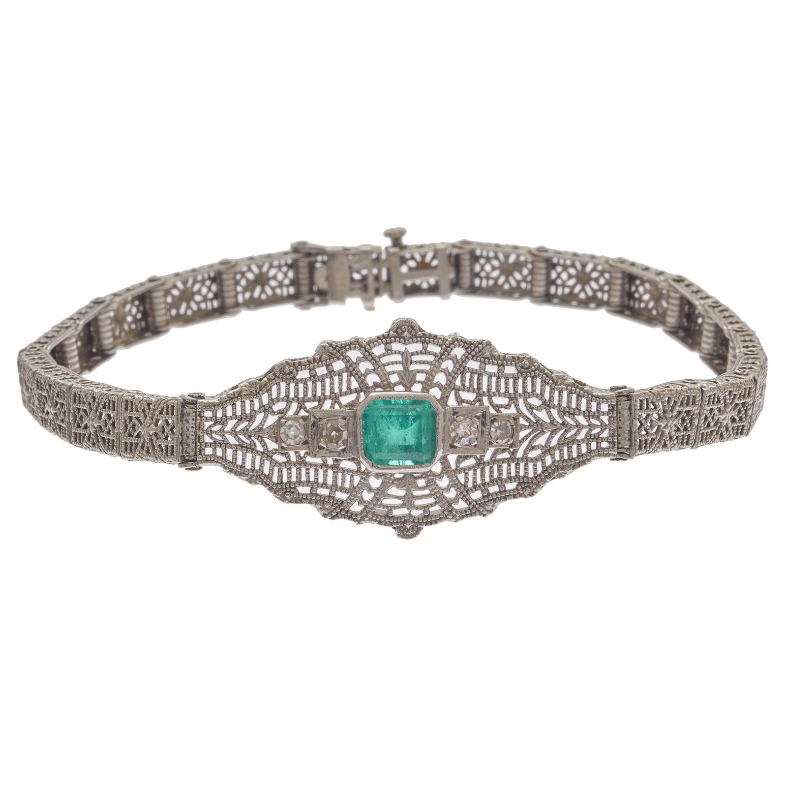 Art Deco Emerald, Diamond, 14k White Gold Bracelet (1 of 2)