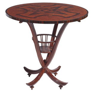 Emilio Terry for John Widdicomb Design Sculptural Table: The circular top inlaid with intersecting star banding raised on curved tapering legs joined by a basket ending in spherule feet. 29in. (74cm) h. 29in. (74cm) d.