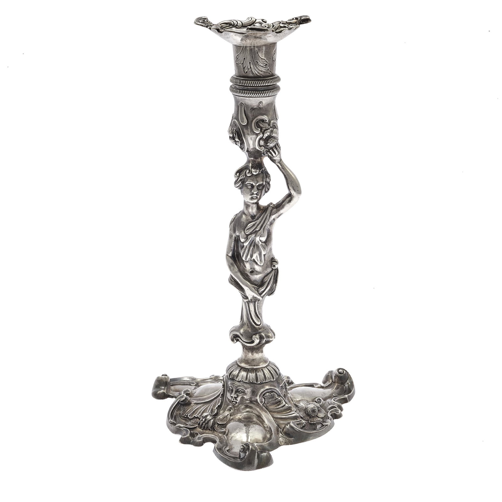 Irish Rococo Sterling Candlestick: In the form of a Classical figure supporting a foliate candle cup. 11in. (28cm) h. Bearing Irish sterling mark of crowned harp.