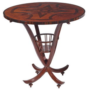 Emilio Terry for John Widdicomb Design Sculptural Table: The circular top inlaid with intersecting star banding raised on curved tapering legs joined by a basket ending in spherule feet. 29in. (74cm) h. 29in. (74cm) d.