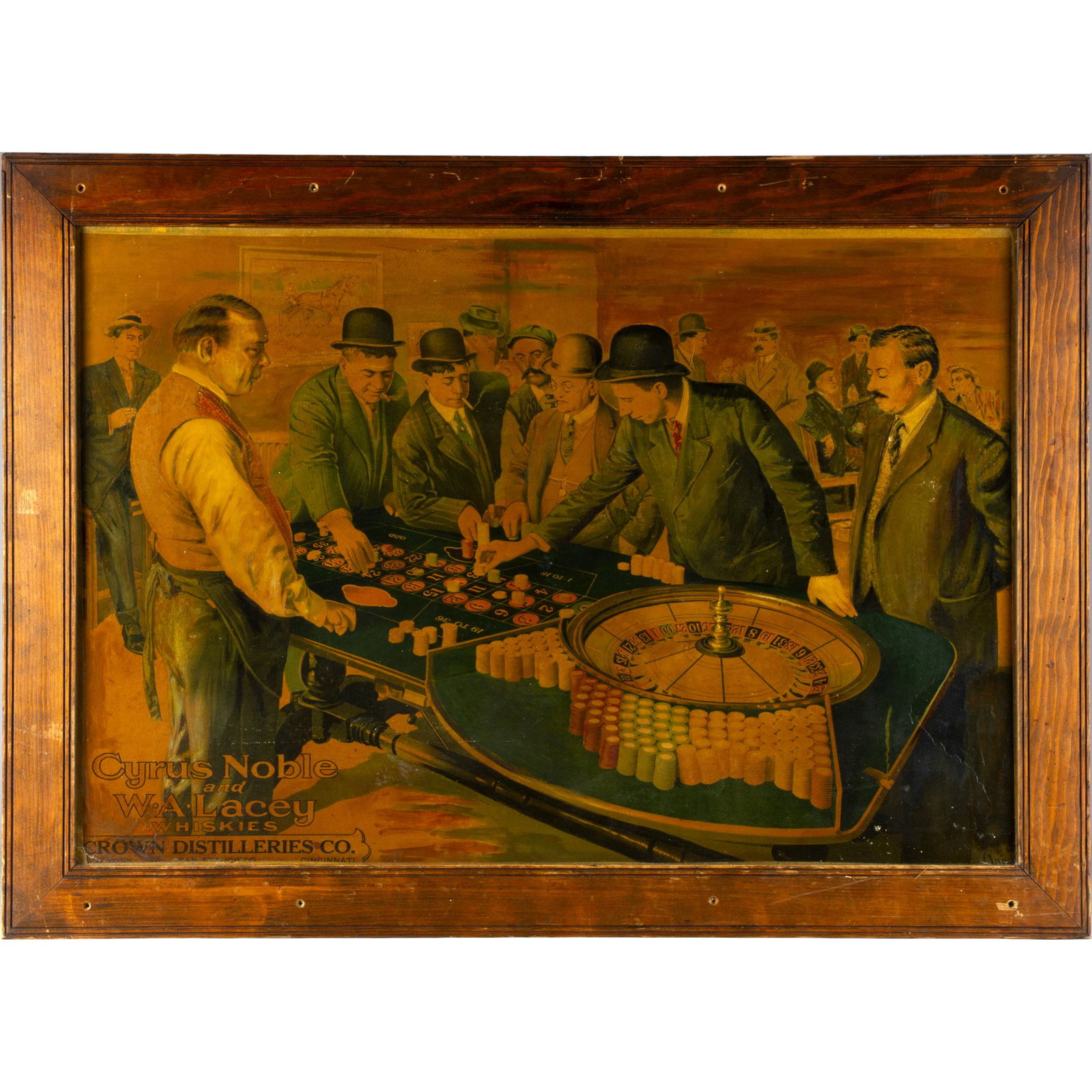 Vintage Cyrus Noble Advertising Sign: Antique Cyrus Noble Whiskey San Francisco Roulette Table Sign in Frame. Measures overall including the frame 42 1/2" x 30 1/2".