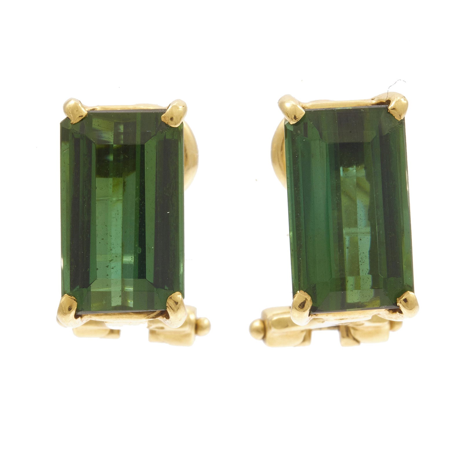 Pair of Tourmaline, 18k Yellow Gold Earrings: Each featuring one emerald-cut green tourmaline weighing approximately 2.18 ct., set in an 18k yellow gold earring mounting. Total carat weight for the pair is approximately 4.36 cttw. Gross weight: 4