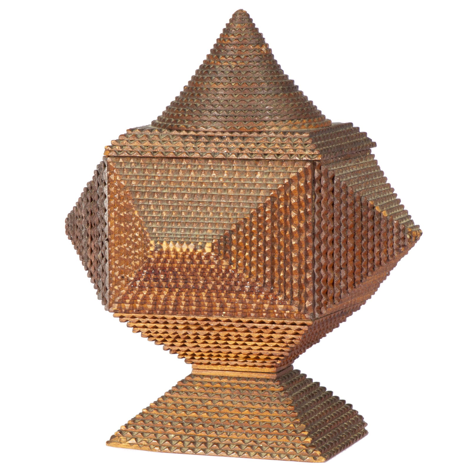 Tramp Art Box: The notched and layered box with pyramid form lid over conforming base. 15in. (38cm) h. 11in. (28cm) w.