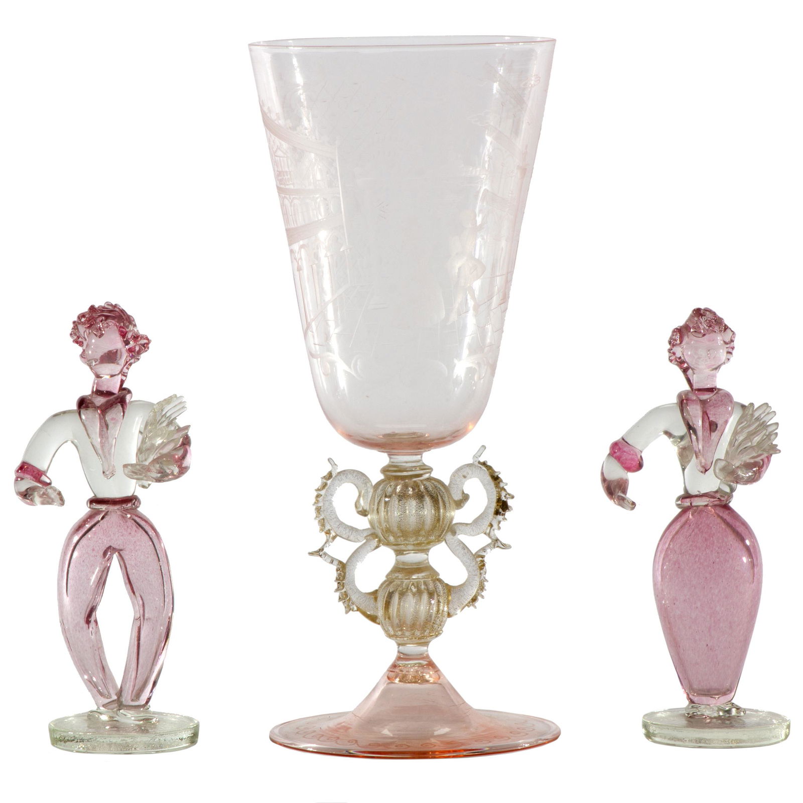 Murano Glass Collection: Including a Dancing Couple 8 1/2in. (21cm.) and a Center Goblet/Vase, the trumpet form etched with a Dancing Couple in St. Mark's Square on a gilt flecked vasiform support. 13 1/4in. (54cm.)