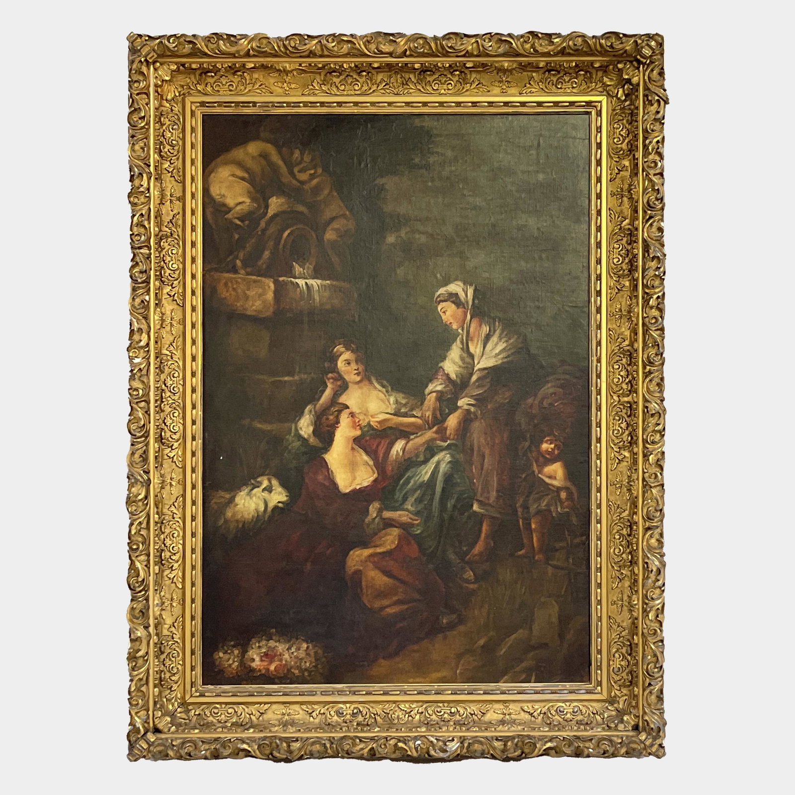 Victorian Allegorical Painting: Depicting three women in a garden with a lamb and putto. Unsigned in an elaborate Rococo gilt frame. sight: 39in. x 58in. (99cm. x 127cm) framed: 55in. x 74in. (140cm. x 188cm)