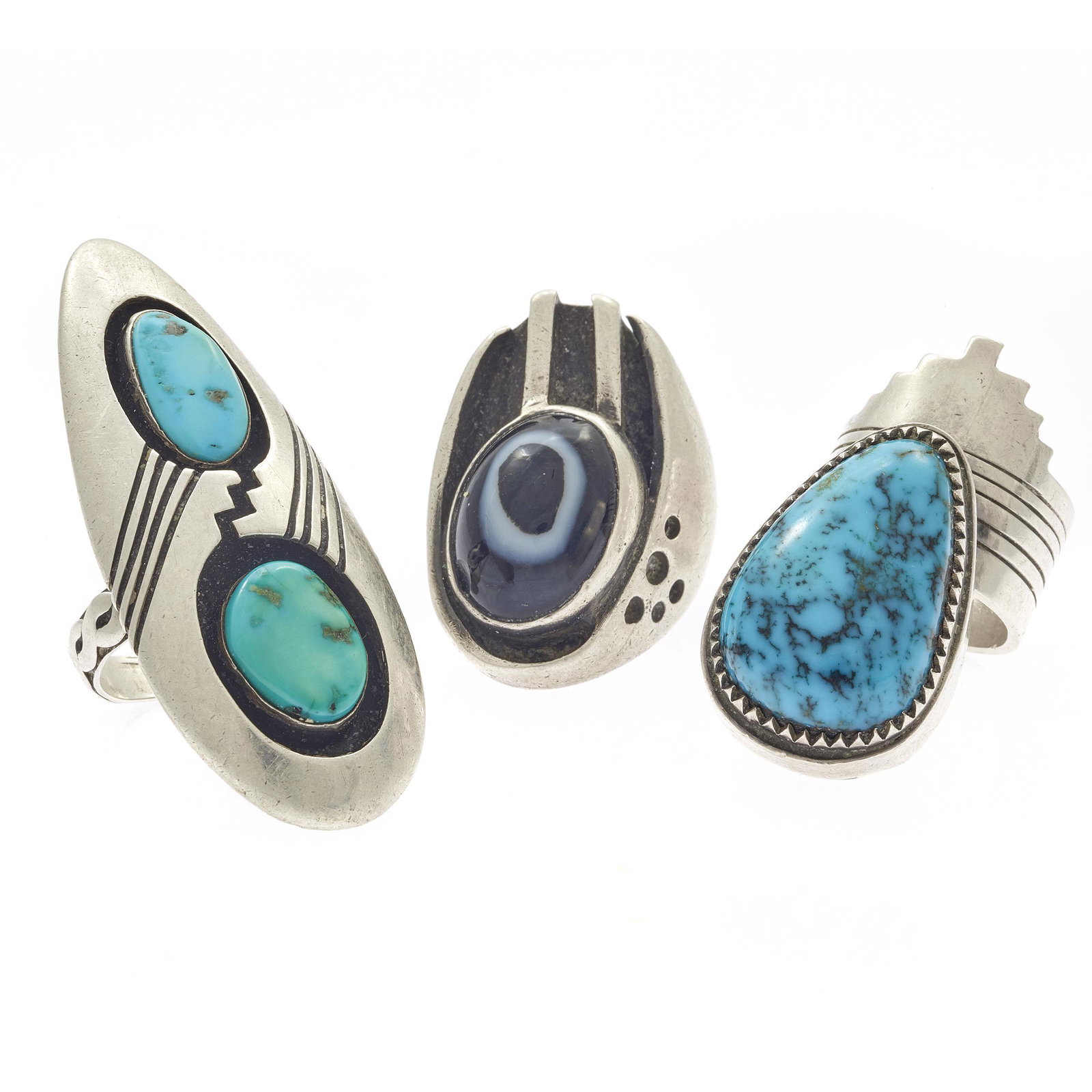 Collection of Three Turquoise, Banded Agate, Silver Rings (1 of 2)