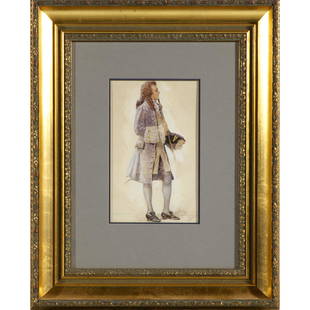 Carl Oscar Borg (1879-1947 Swedish American): Watercolor on paper Study for an 18th century costume with notes of materials on reverse. 6 1/2in. x 10 1/4in. (16cm. x 26cm) Framed: 18in. x 22in. (46cm. x 56cm)