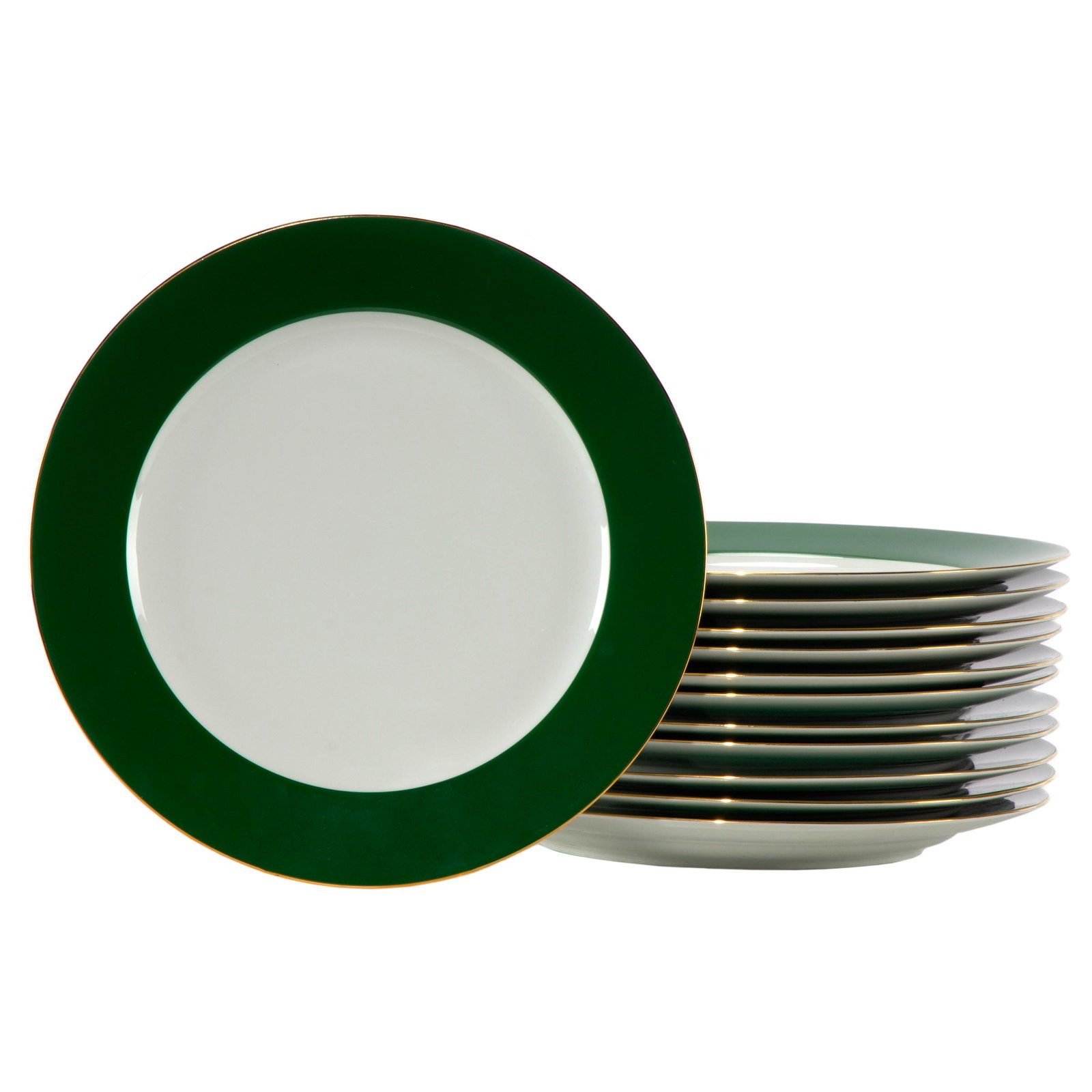 Zrike Porcelain Charger Plates: Zrike Porcelain Charger Plates A set of twelve with gilt and forest green banding. 12in. d Condition: Very good, no chips or cracks.