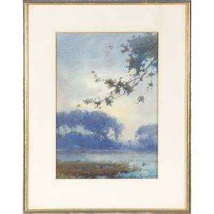 Percy (Henry Percy) Gray (1869-1952, American): Percy (Henry Percy) Gray (1869-1952, American) Misty Morning over the Lake, 1924 Watercolor, signed and dated (lower right0, in good condition, framed (not examined out of frame). 13 1/2 x 9 1/2in.