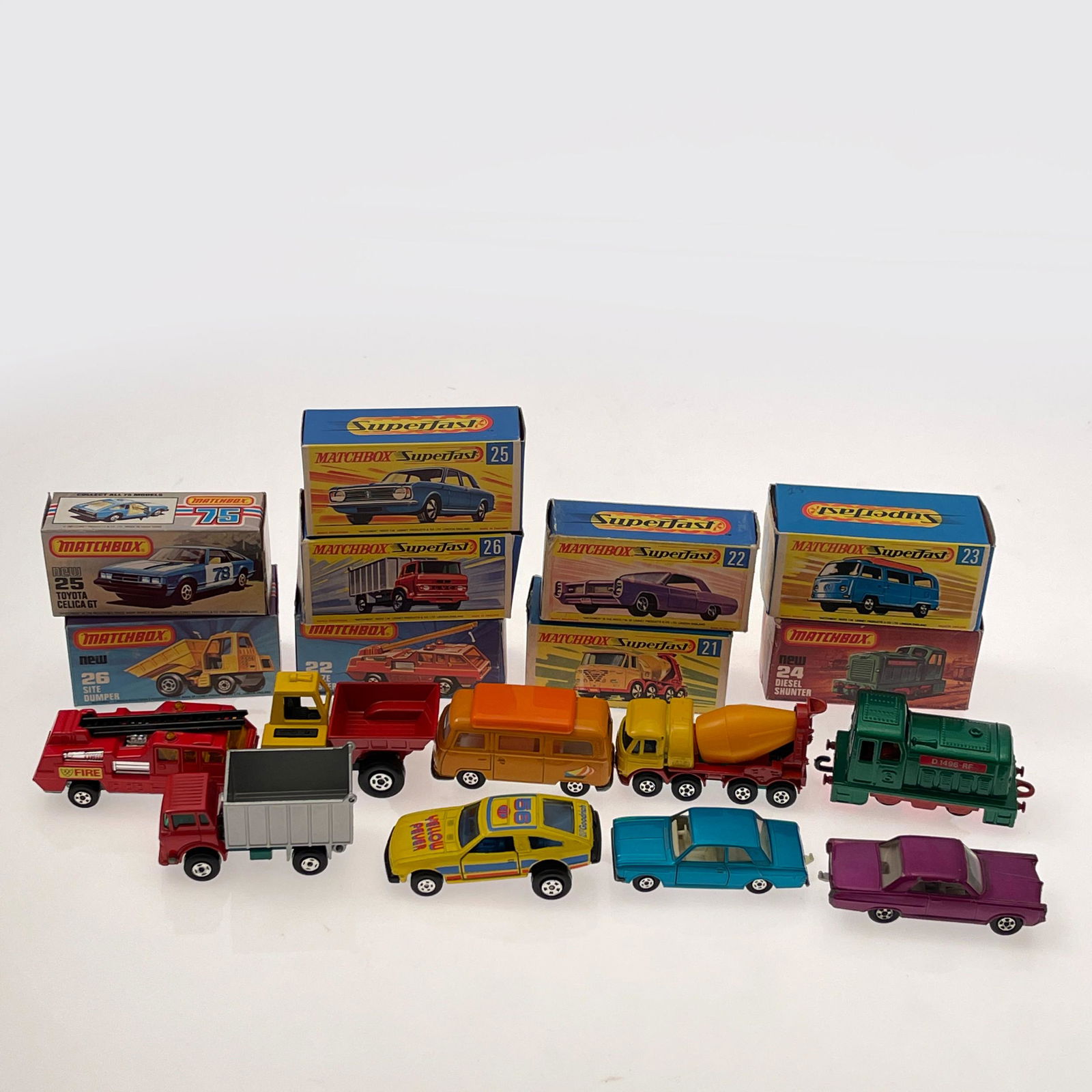 Group Of Nine Matchbox Superfast Vehicles, Including 21 Foden Concrete Truck, yellow cab, red body, (1 of 5)