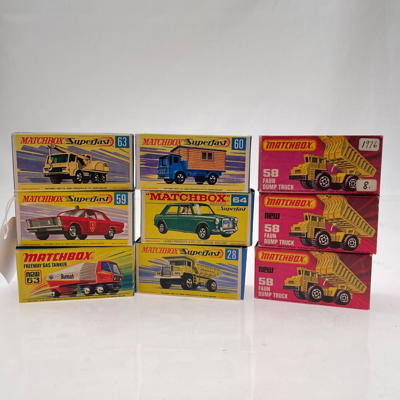 Group Of Nine Boxed Matchbox Superfast Vehicles, Including: three 58 Faun Dump Trucks, one light (1 of 5)