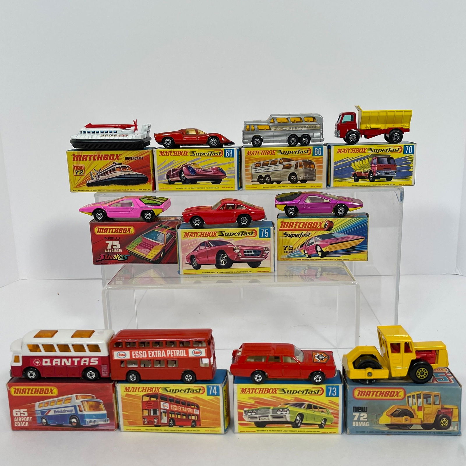 Group Of Eleven Boxed Matchbox Superfast Vehicles, Including: 65 Airport Coach, red metal body, (1 of 2)
