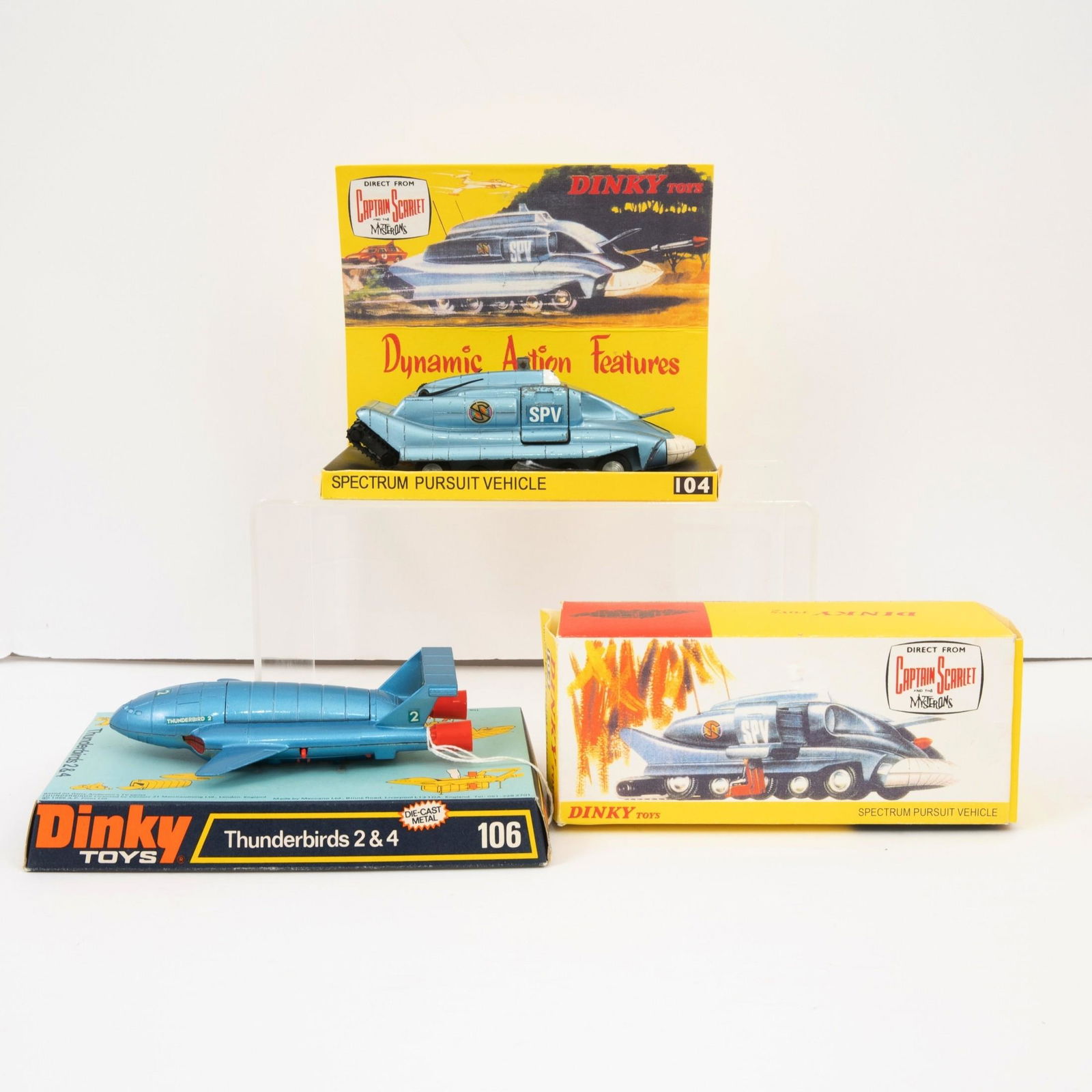 Dinky 106 Thunderbirds 2 & 4 And A Dinky 104 Captain Scarlet Spectrum Pursuit Vehicle, Both die (1 of 2)