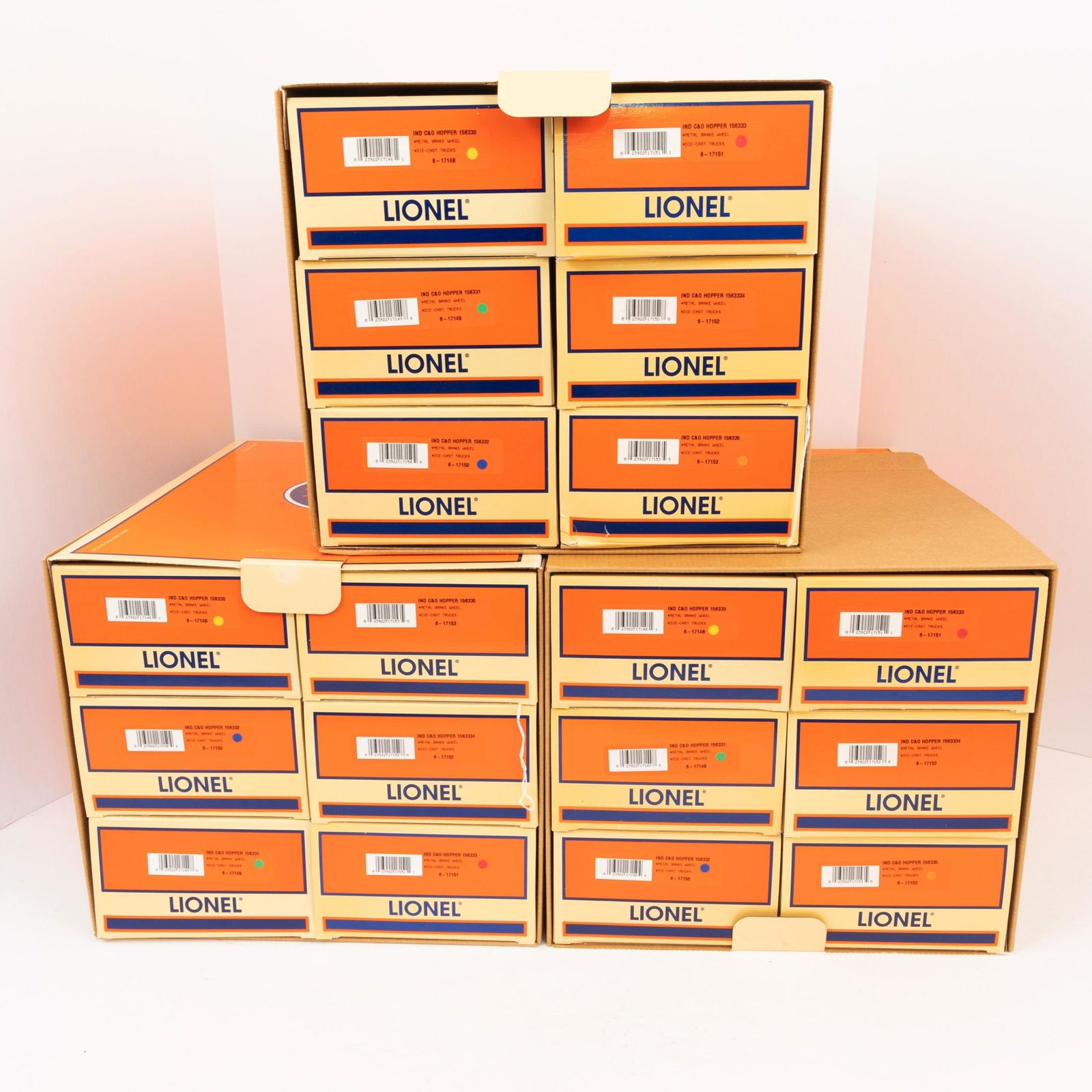 Three Modern Lionel O Gauge 6-17147 Chesapeake & Ohio Hopper 6 Packs, All three-rail, die cast, (1 of 1)