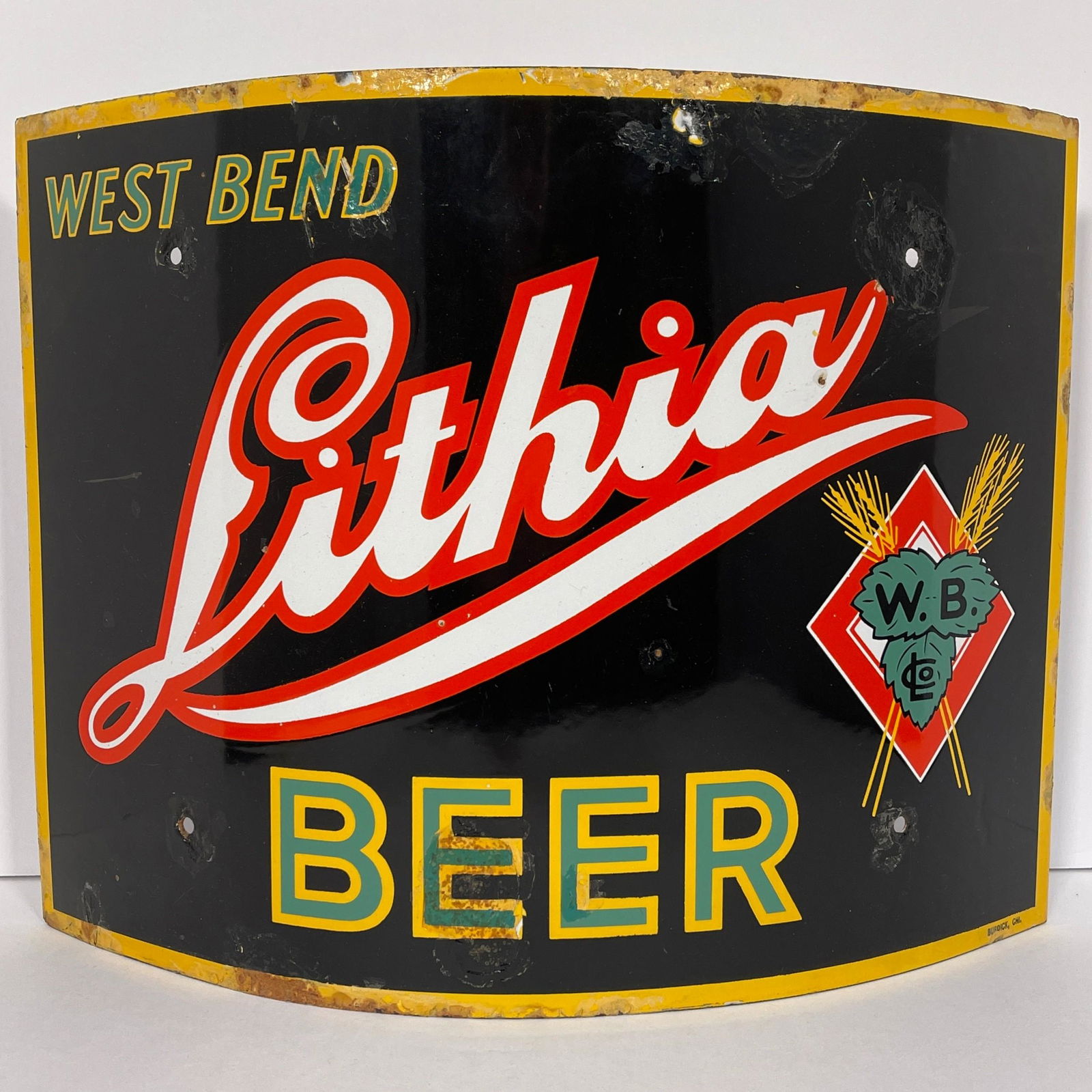 Porcelain West Bend Lithia Beer Corner Sign, Colorful curved porcelain advertising sign in red, (1 of 6)