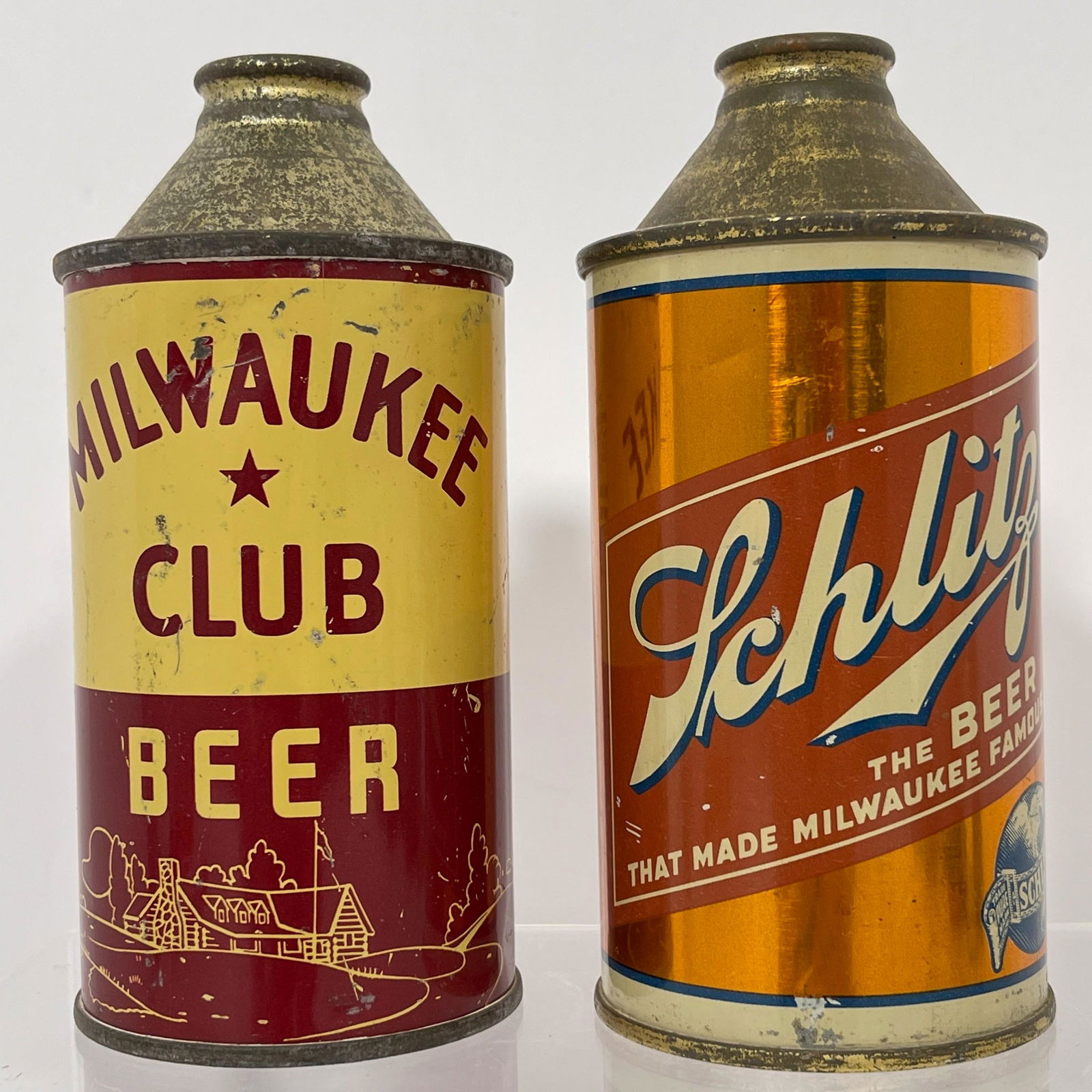Two Schlitz Cone Top Beer Cans, Nice pair of original circa late 1930s 12oz cans including a maroon (1 of 6)