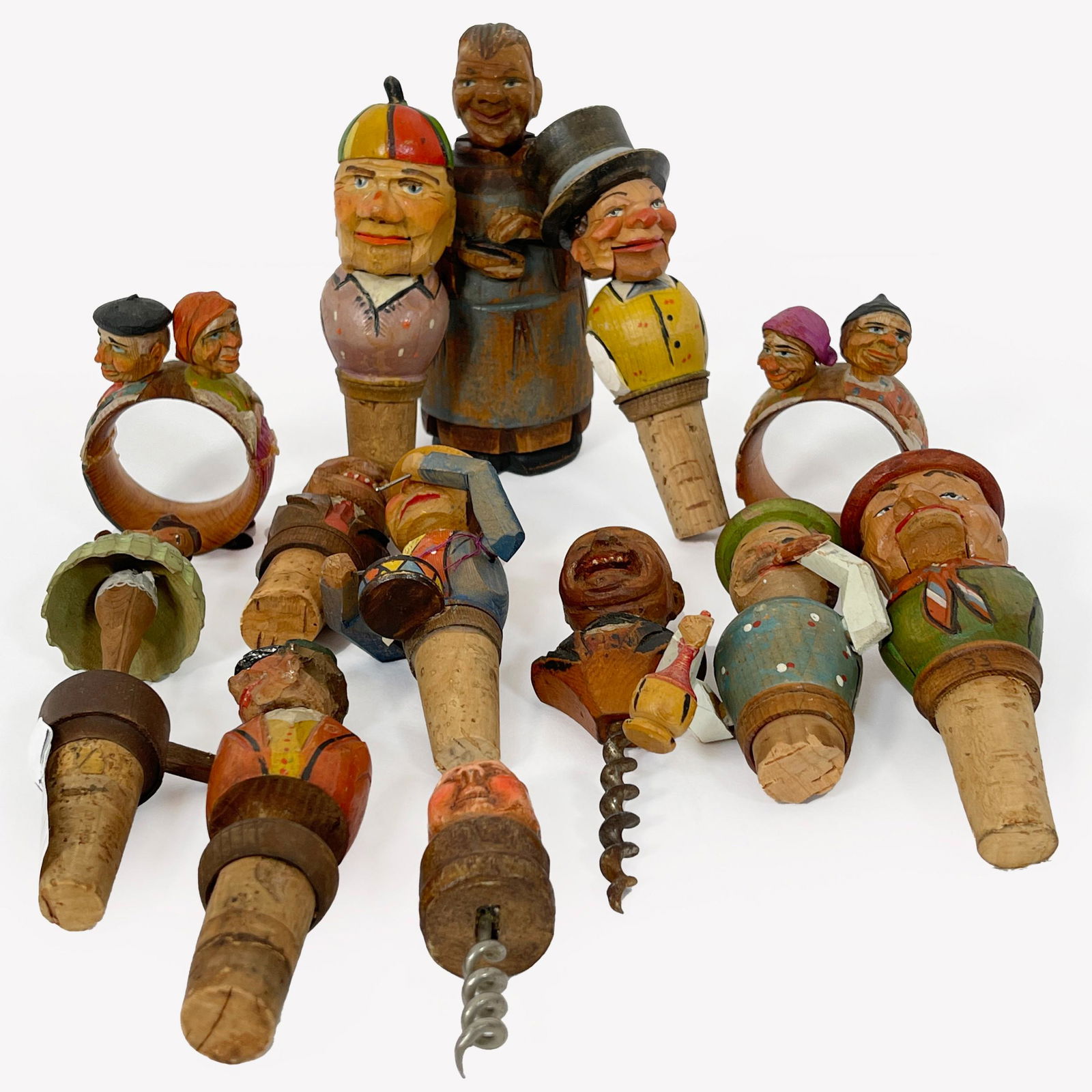 Group Of Thirteen Vintage Anri And Similar Hand Carved Wooden Items, Including eight figural bottle (1 of 5)