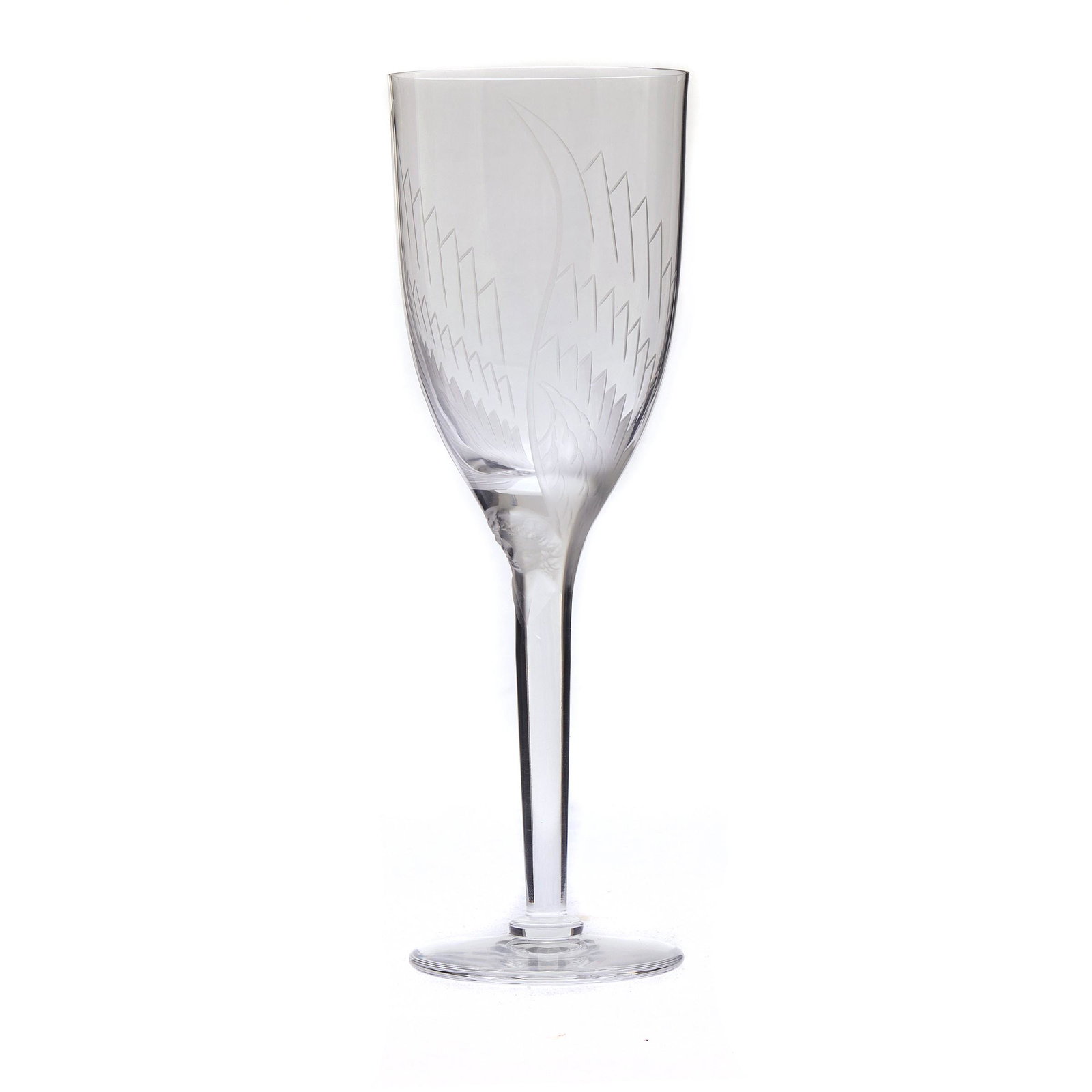 Lalique Goblets: Lalique Goblets Angel pattern, modeled after the Reims cathedral 'Smiling angel' A set of six champagne goblets. 8 1/2in. (21cm) h. Condition: very good, no chips or cracks