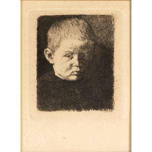 Wilhelm Leibl (1844-1900 German): Wilhelm Leibl (1844-1900 German) Etching, 'Kopf eines Knaben (Head of a Boy) 1874 with embossed stamp, Society of Original Etchings, Munchen. 3 1/4in. x 4 1/4in. (8cm. x 11cm) Framed: 14in. x 18in. (3