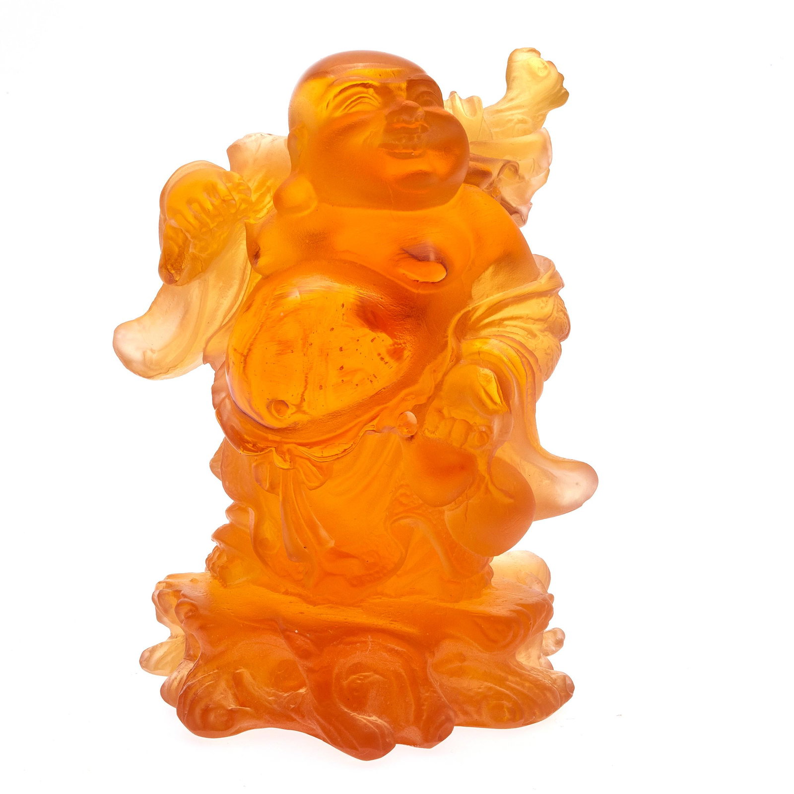 Daum Amber Glass Figure of Buddha: Daum Amber Glass Figure of Buddha The standing figure holding a fruited vine over one shoulder 4 1/2in. (11cm)h. Condition: Very good, no chips or cracks