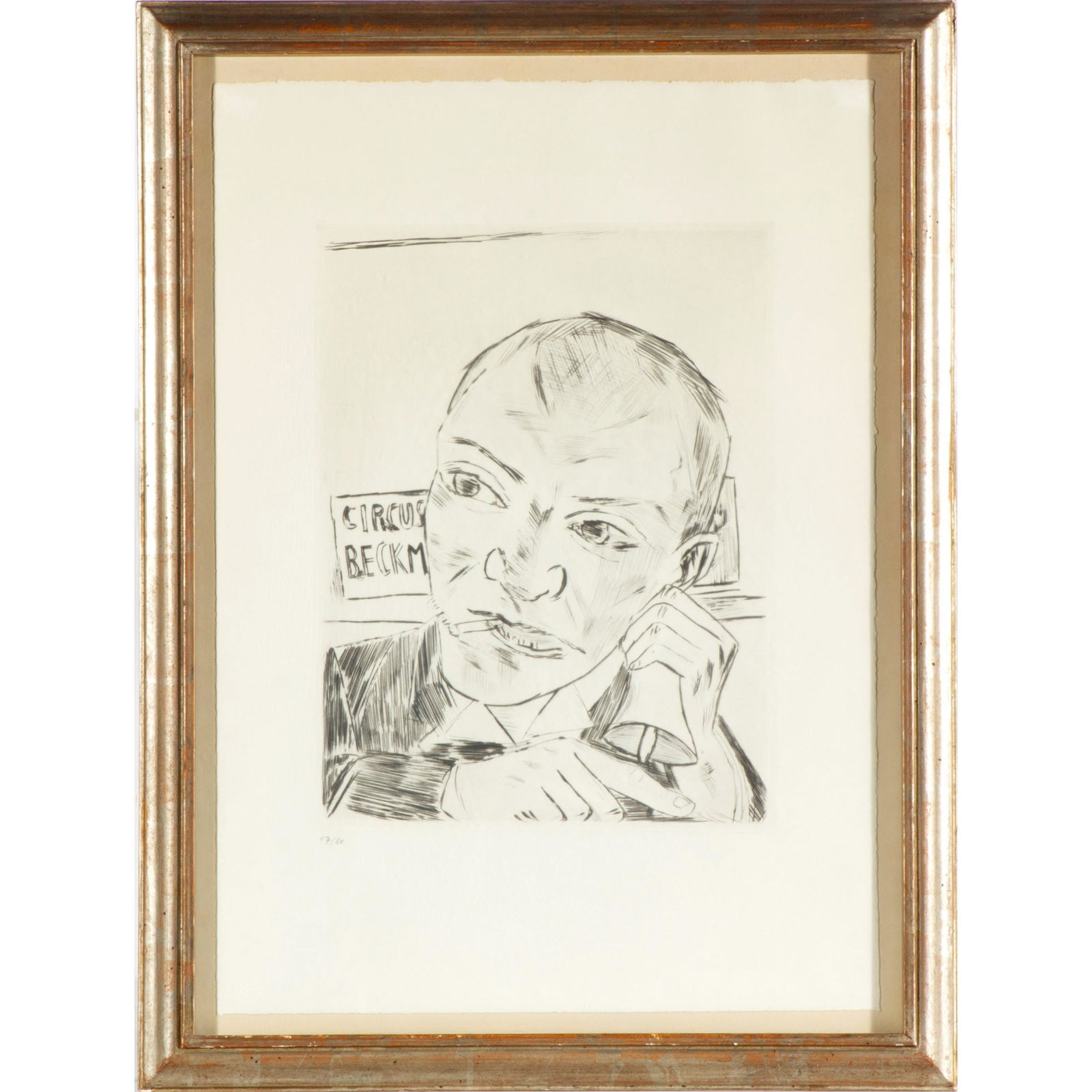 Max Beckmann (1884-1950 German): Selbstbildnis (Self-Portrait), from the portfolio, Der Jahrmarkt (Annual Fair), 1921 (Hofmair 191) Drypoint on wove paper, numbered 17/80 in pencil, published by Marees-Gesellschaft, R. Piper & Co., 1
