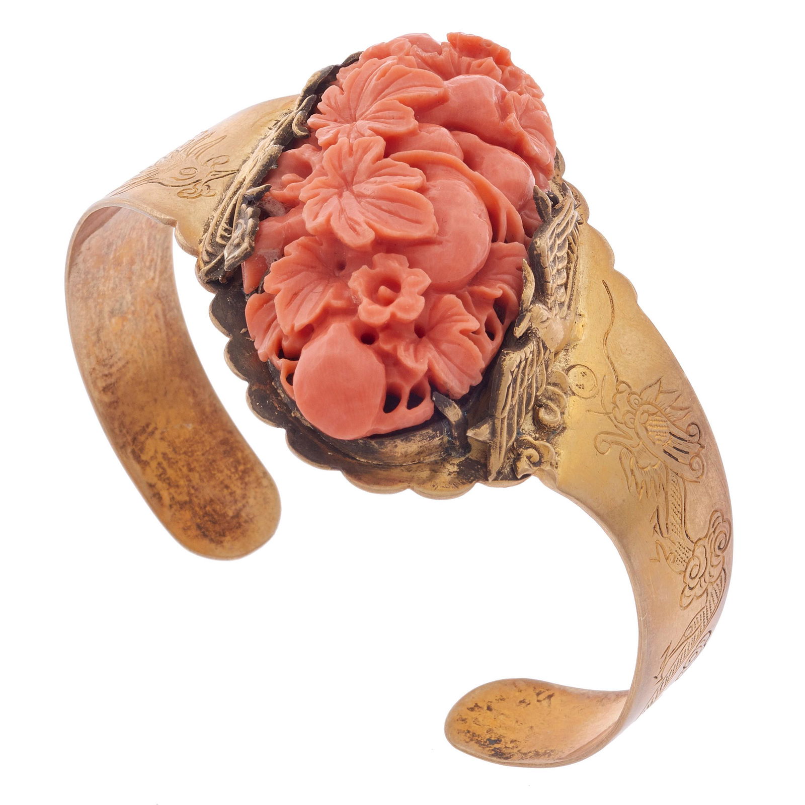 Chinese Export Coral, Silver Gilt Cuff Bracelet (1 of 3)