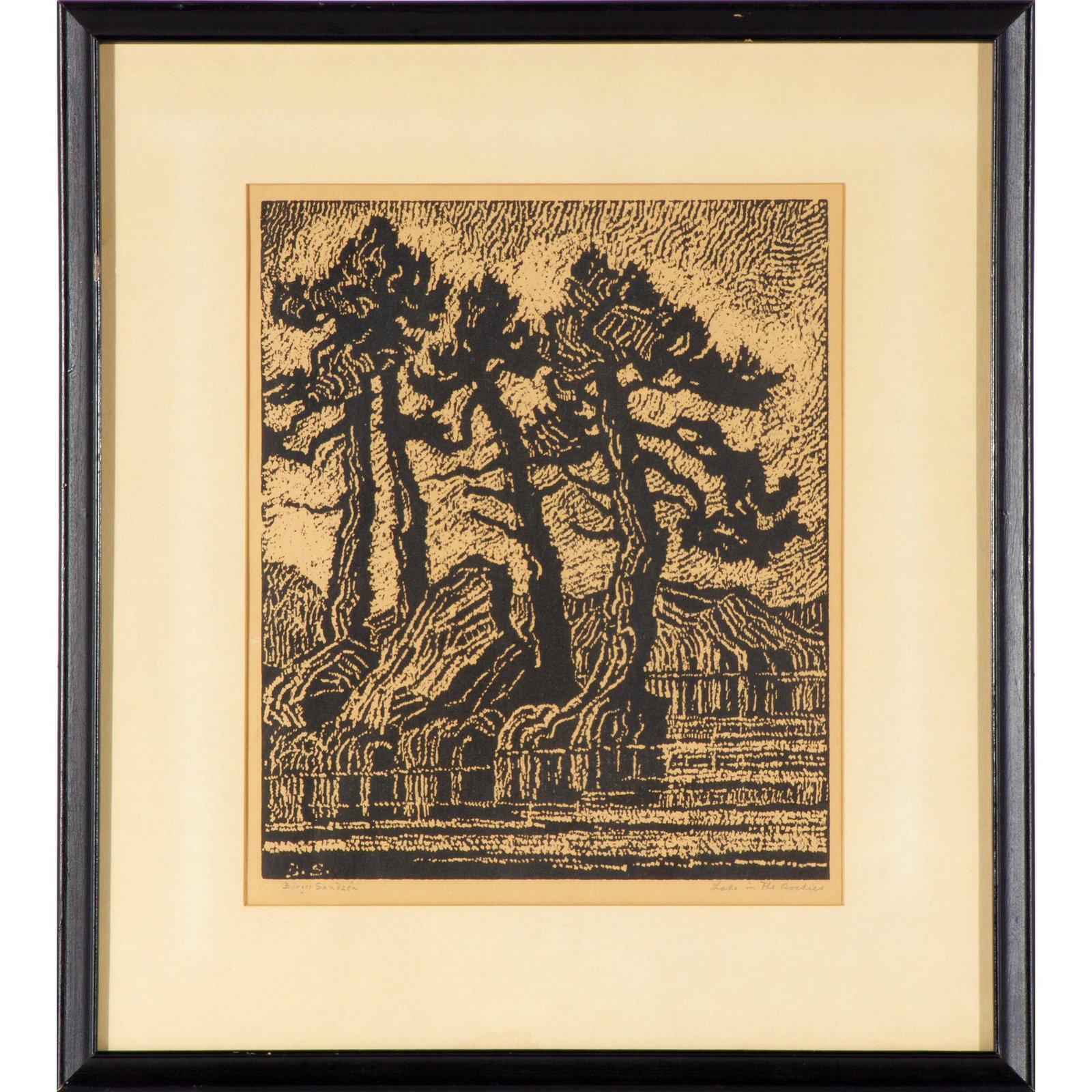 Birger Sandzen (1871-1954) Woodblock: 'Lake in the Rockies'signed l/l10 1/4 x 12 1/2in (26cm. x 31.5cm)Framed: 17in. x 19in. (43cm. x 48cm)