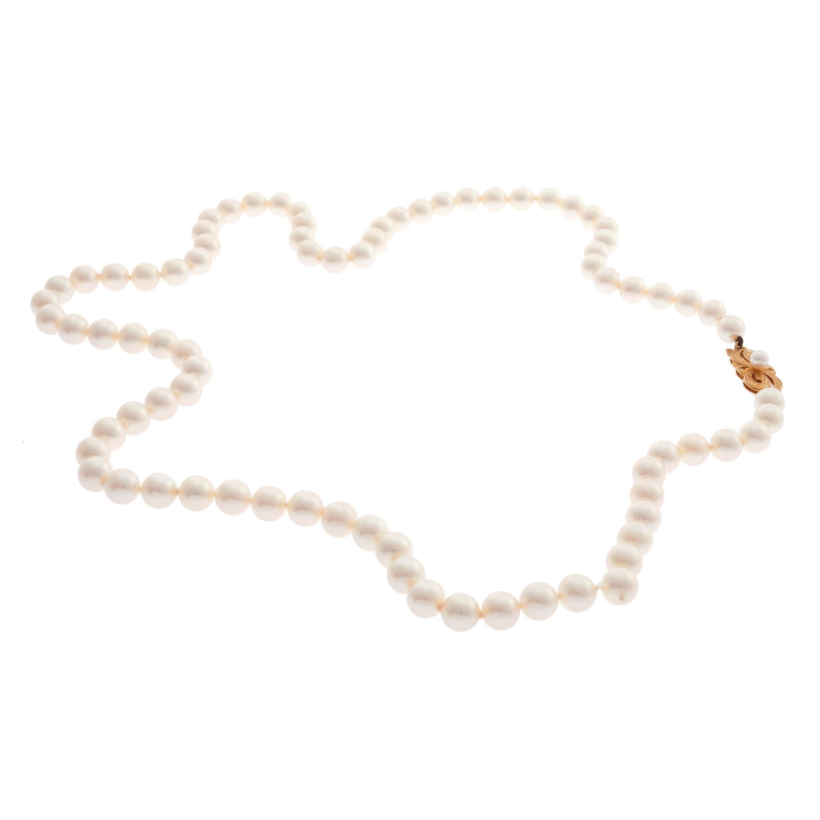 Mikimoto Cultured Pearl, 18k Yellow Gold Necklace: Composed of eighty round cultured pearls, each measuring approximately 6.0 mm, completed by an 18k yellow gold clasp highlighted by one additional pearl forming a 20 inch necklace. Clasp marked with M