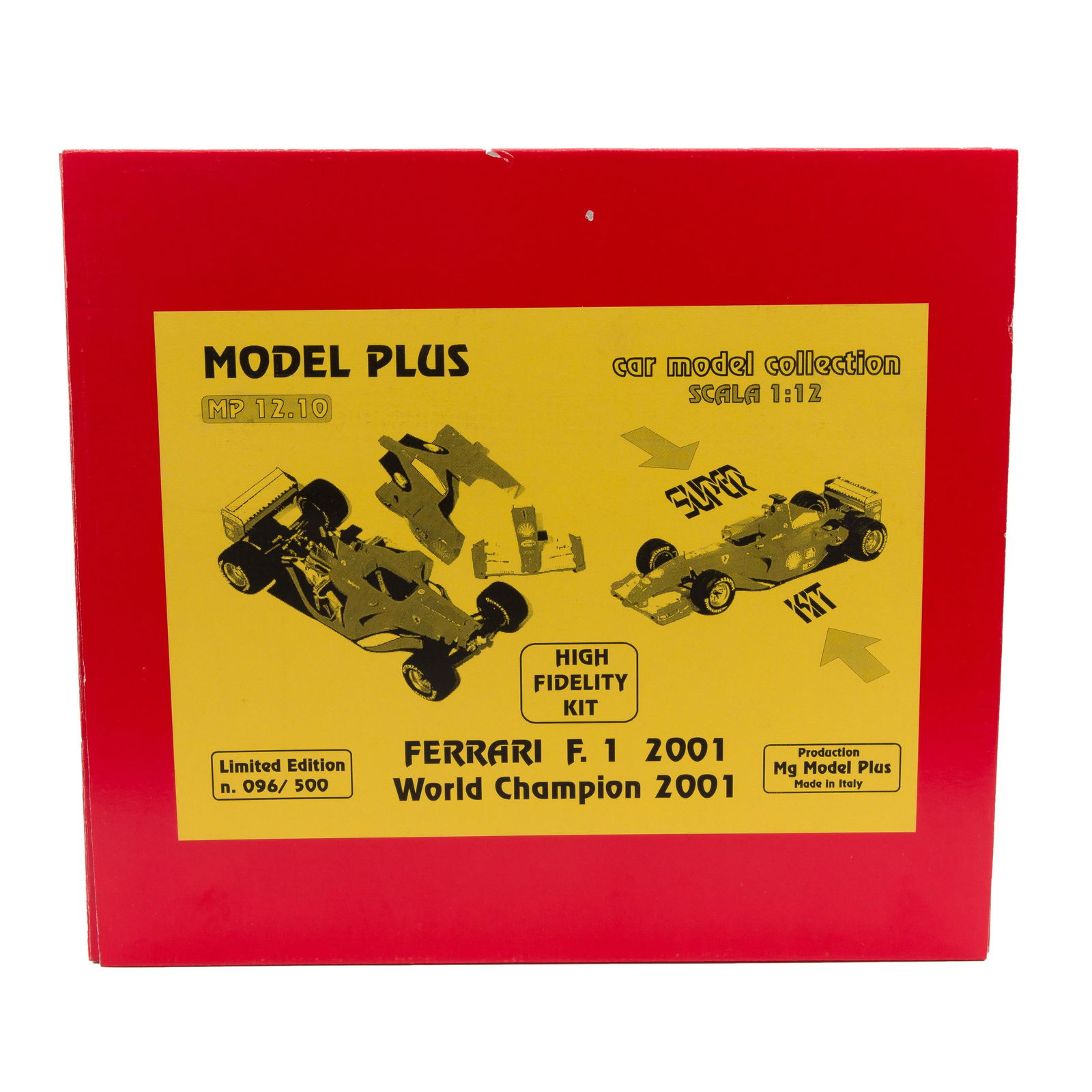 Two Model Plus Ferrari model car kits: Two Model Plus Ferrari model car kits Each 1:12 scale, Including one Ferrari F1 2001, limited edition no. 096/500, and one Ferrari F 399 GP Monaco 1999, limited edition no. 170/500. Made in Italy.