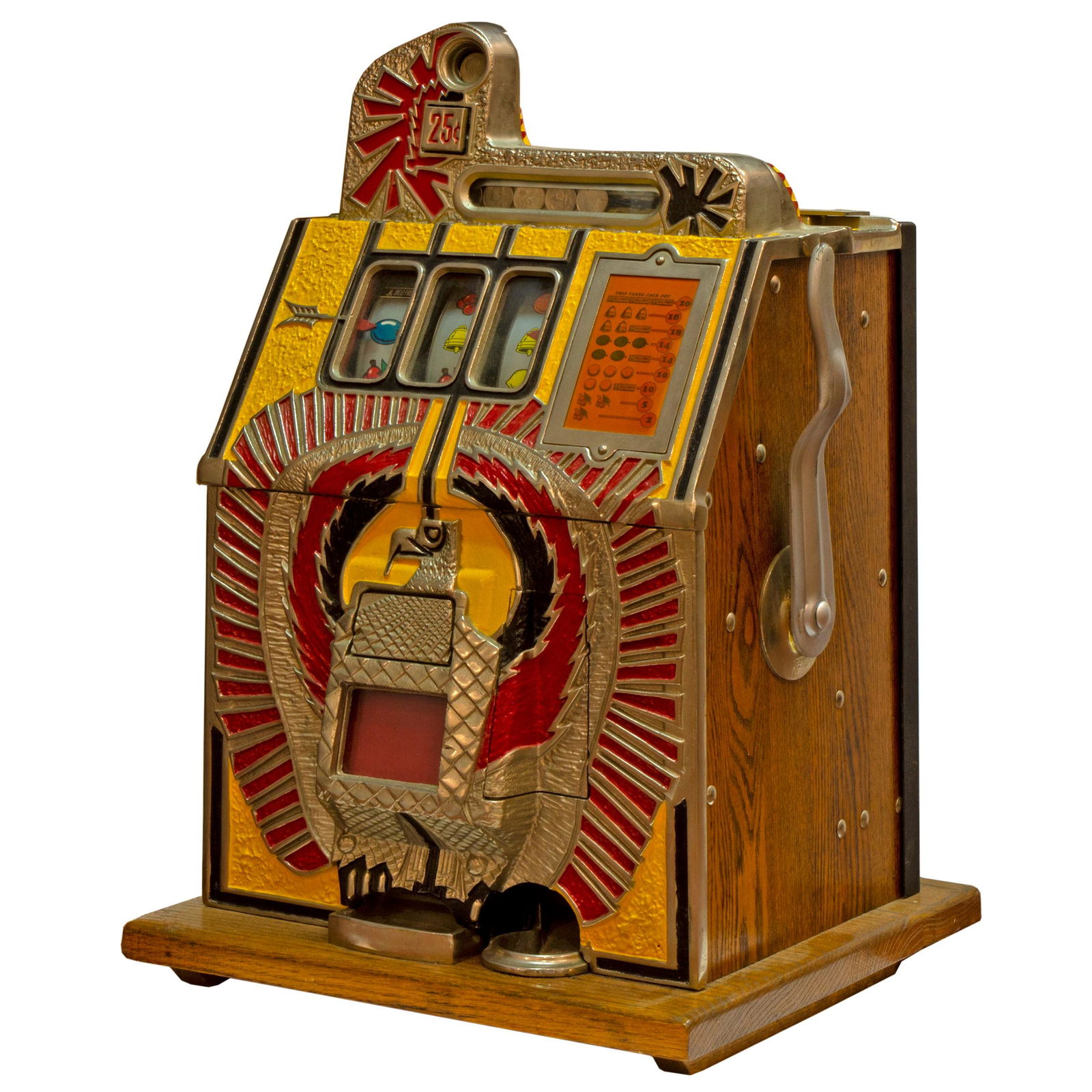 Mills War Eagle Slot Machine c. 1930, Replica: Mills War Eagle Slot Machine c. 1930 25 cent lock with one key. c.1930 Mills Novelty Company, Chicago, Illinois, War Eagle model, quarter playing, one armed, three wheel slot machine in a oak, nickel,
