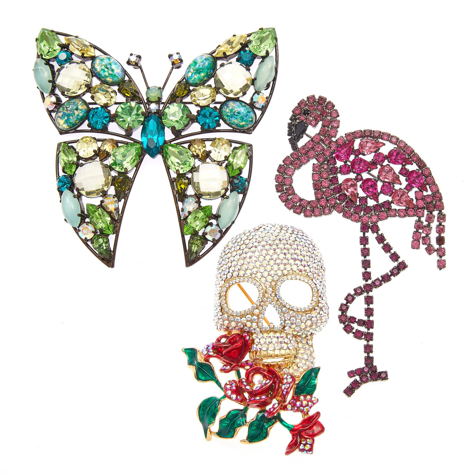 Butler and Wilson Collection of Figural Rhinestone Pins: Butler and Wilson Collection of Figural Rhinestone Pins Including a skull with roses measuring approximately 83.0 x 48.0 mm (3.25 x 1.89 in); a butterfly measuring approximately 99.0 x 94.7 mm (3.90 x