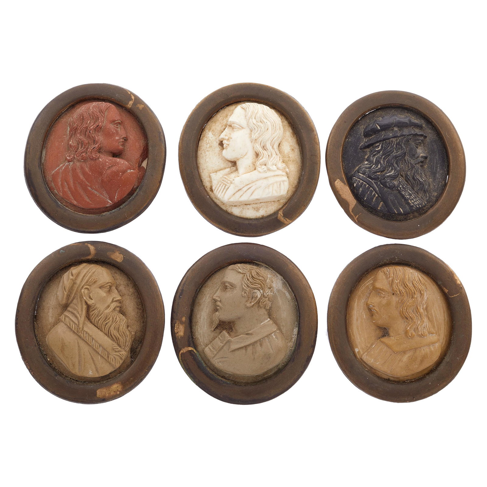 Group of Six Victorian Lava Cameos: Group of Six Victorian Lava Cameos Six high-relief lava cameos, each featuring a gentleman in profile set in a gilt metal frame measuring approximately 37.0 x 34.0 mm (1.45 x 1.33 in). Gross weight: 7