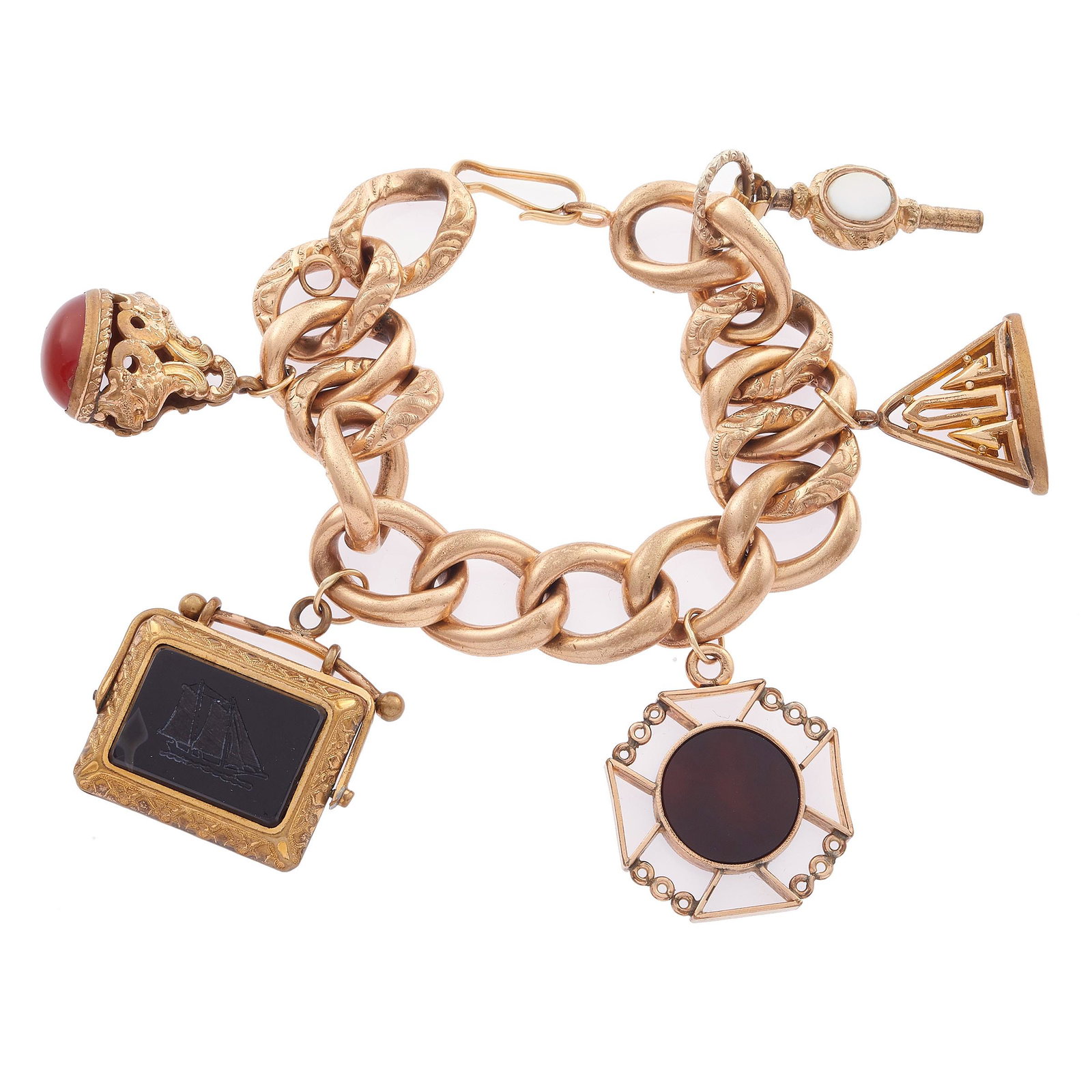 Victorian Hardstone, Gold-Filled Fob Bracelet: Victorian Hardstone, Gold-Filled Fob Bracelet Comprised of five gold-filled fobs: one intaglio of a ship reversing to a carnelian plaque, one intaglio of a soldier, one terminating to a carnelian cabo