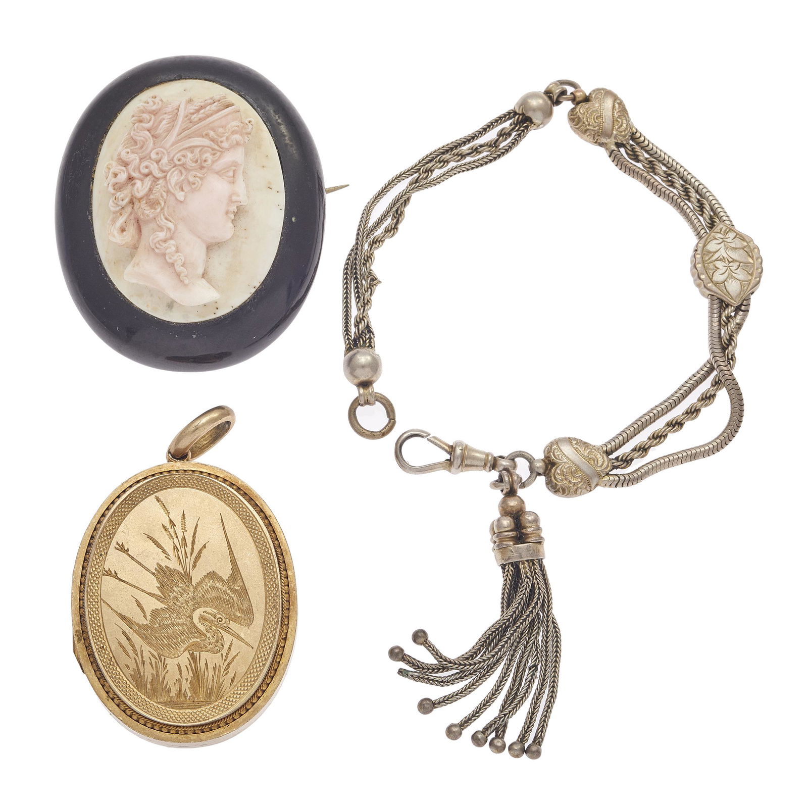 Collection of Victorian Shell, Jet, Silver Jewelry Items (1 of 2)