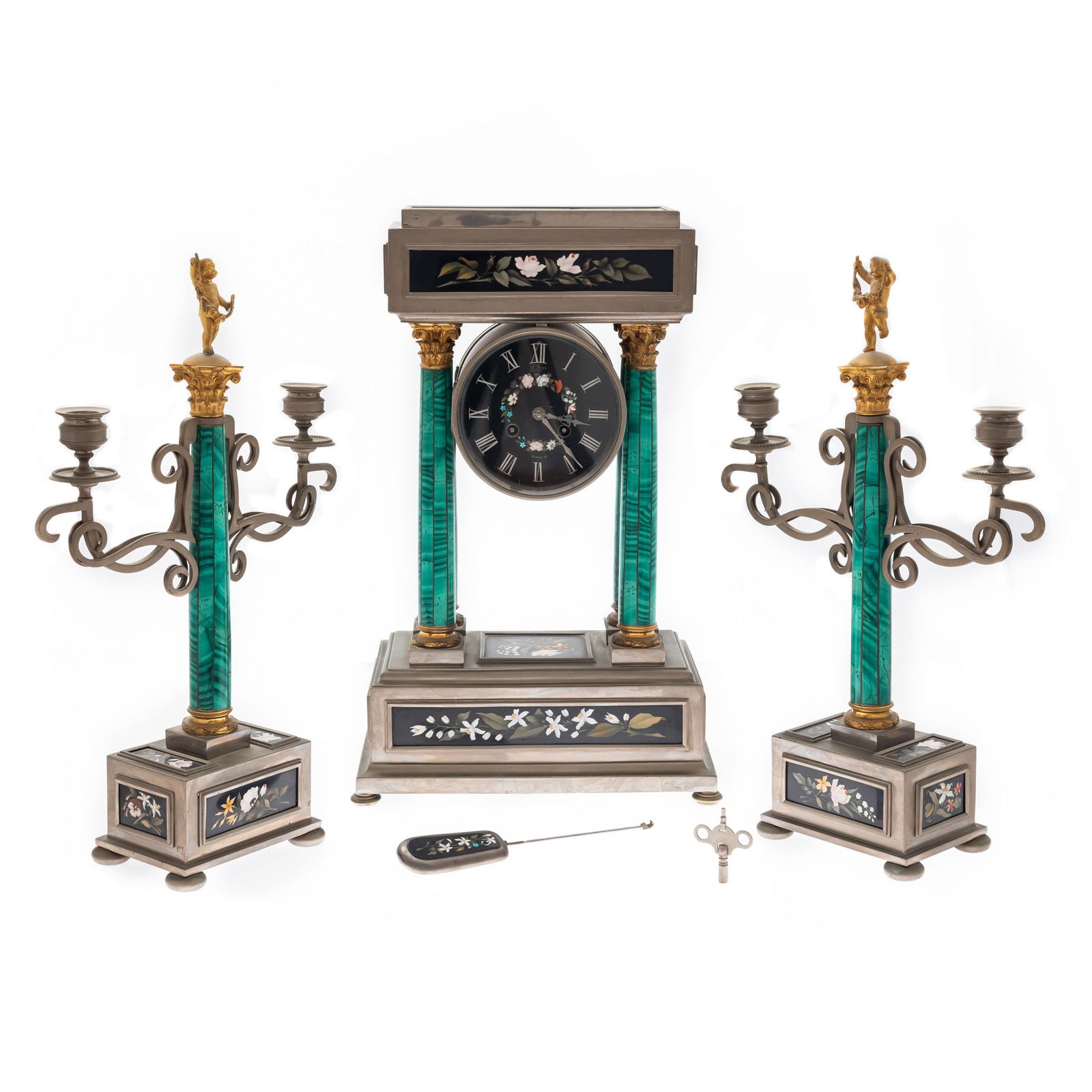 Italian Neoclassical Pietra Dura Clock Garniture (1 of 5)