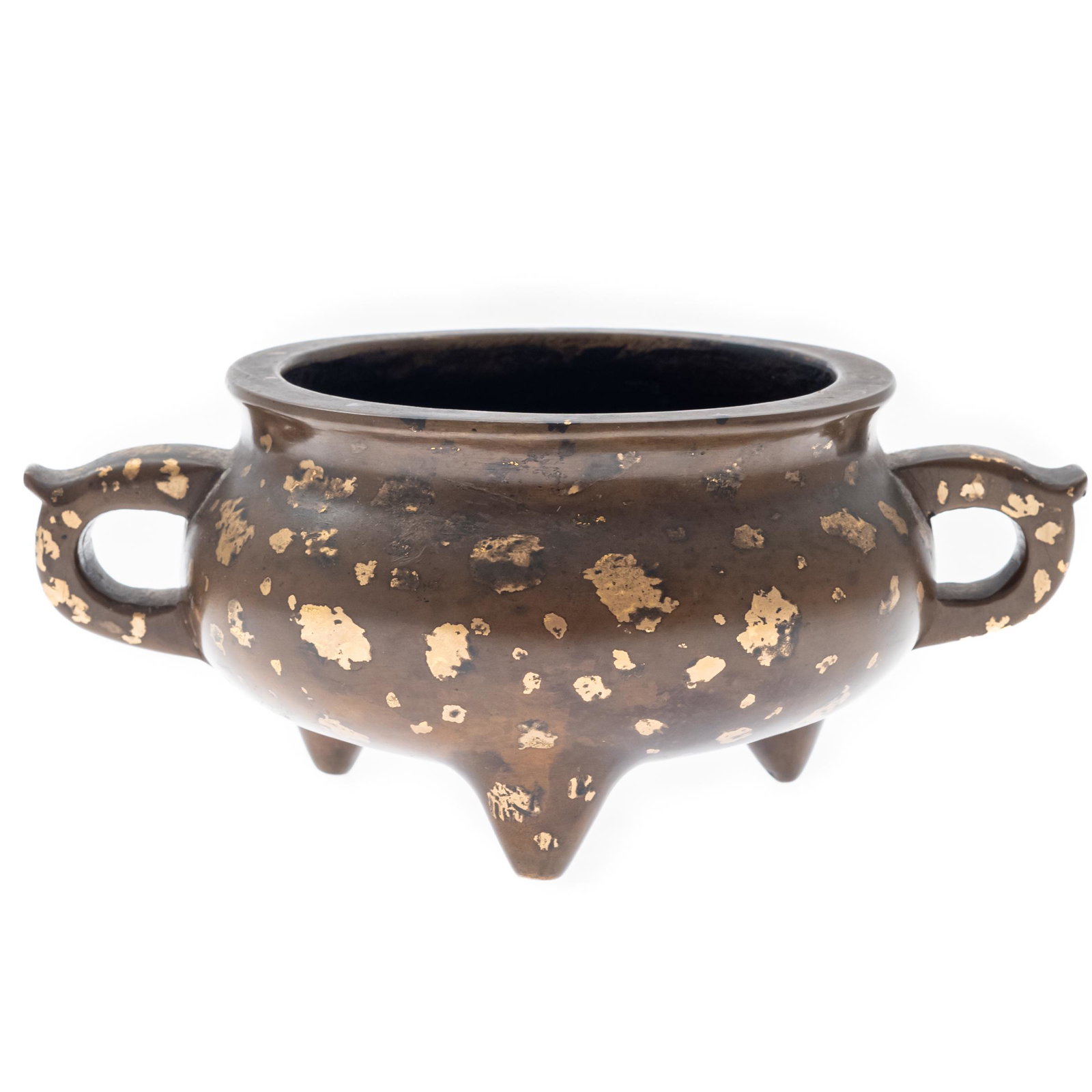 Japanese Bronze and Mixed Metal Incense Burner: The bowl form with loop handles raised on tripod legs.3in. h. 5in d.Impressed four character mark on botom