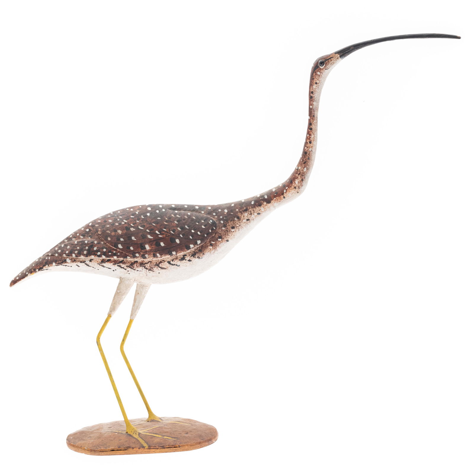 Contemporary Folk Art Shorebird Decoy, Thomas Langan: Carved and painted wood in the form of a Long Billed Curlewwith applied eyesstanding on a metal base.19in. (48cm)