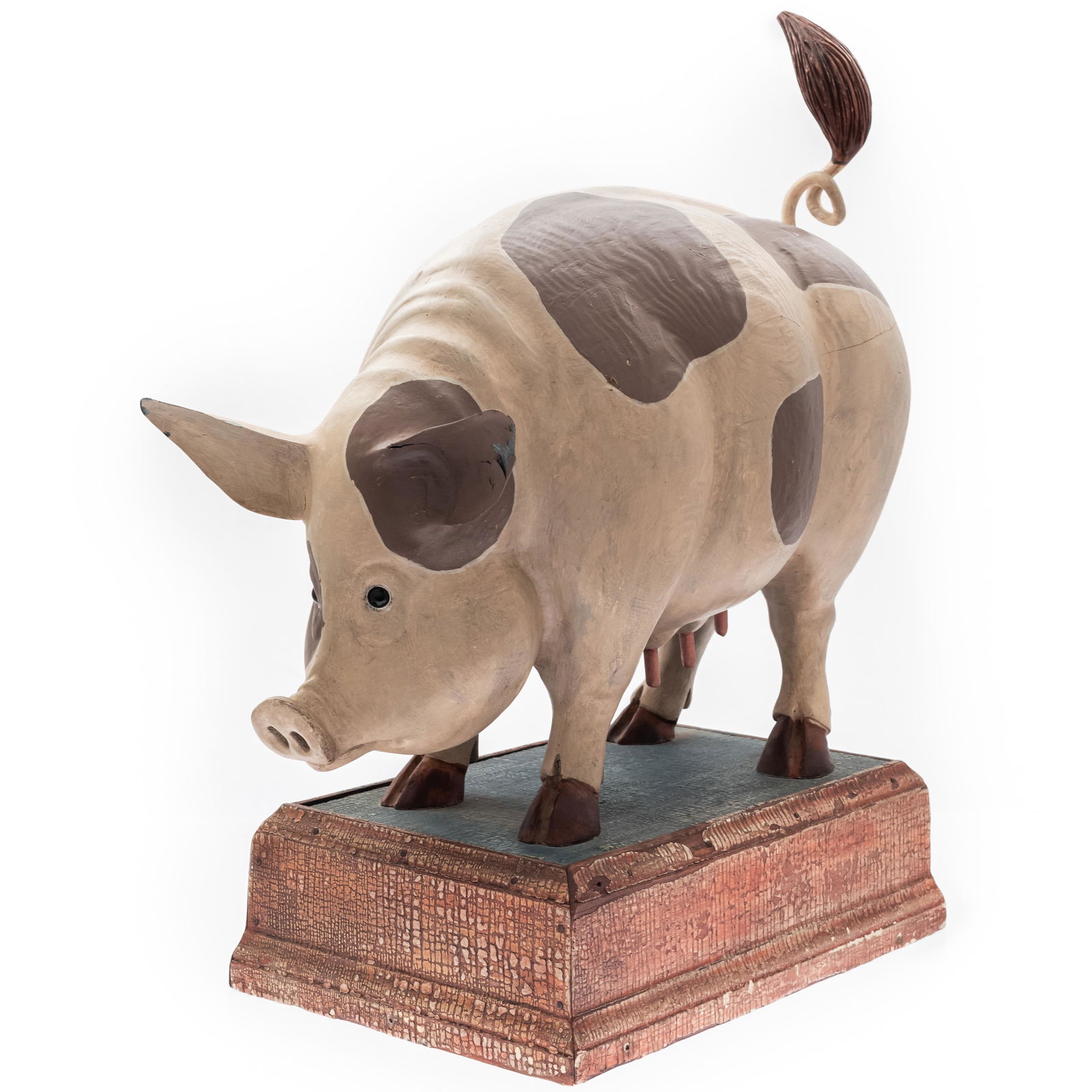 Contemporary Folk Art Carved Pig, Thomas Langan: Depicting a Gloucestershire pig standing on a plinth base.22in. height overall, plinth base 5in.
