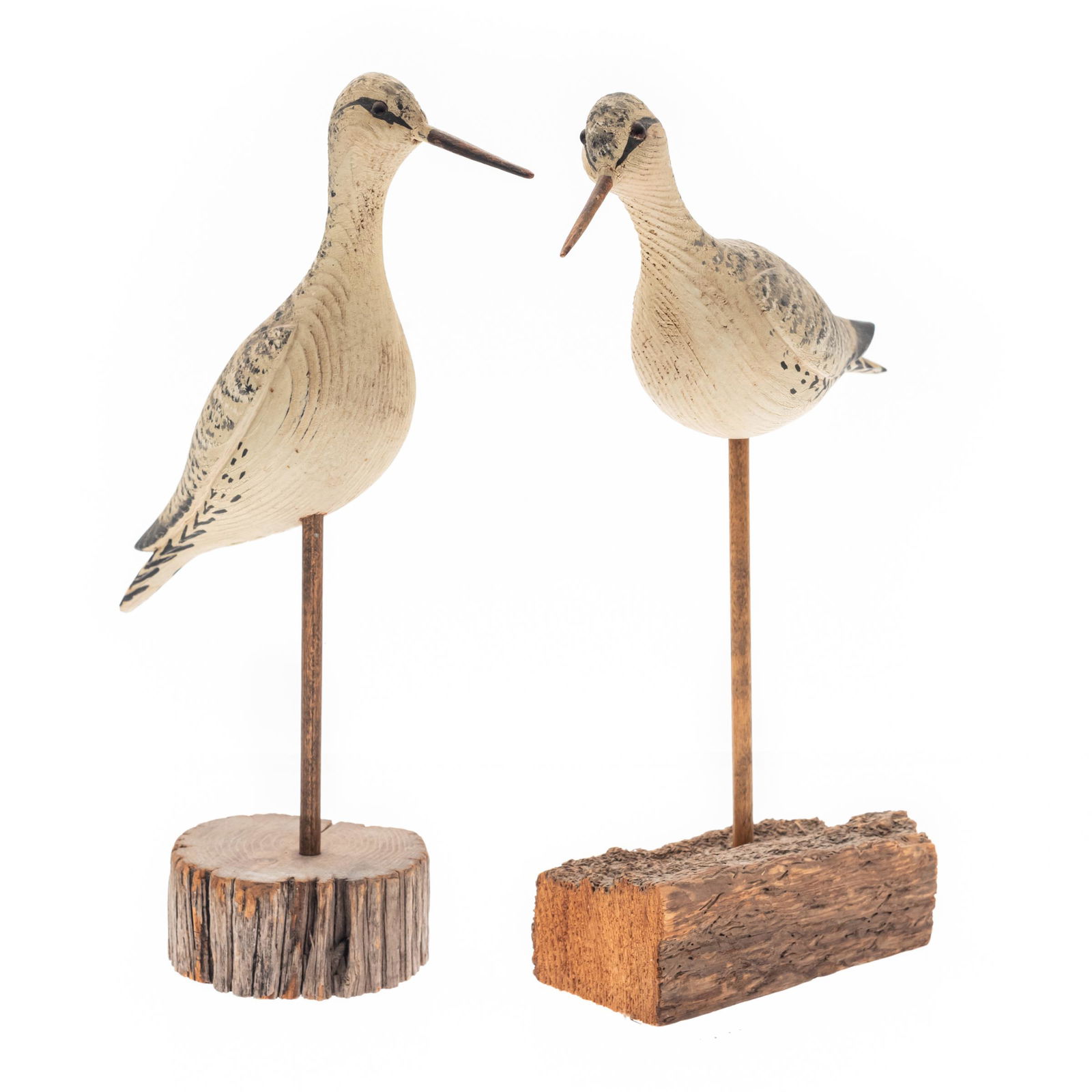 Contemporary Folk Art Carved Decoys, Thomas Langan: Two shore birds.Height 13in. and 12 1/2in.