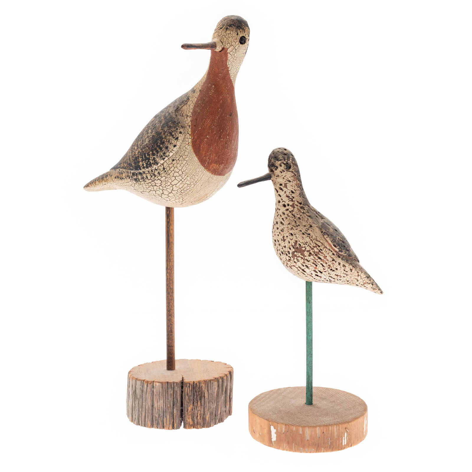 Contemporary Folk Art Carved Decoys, Thomas Langan: Two SandpipersHeight: 14in. & 10in.