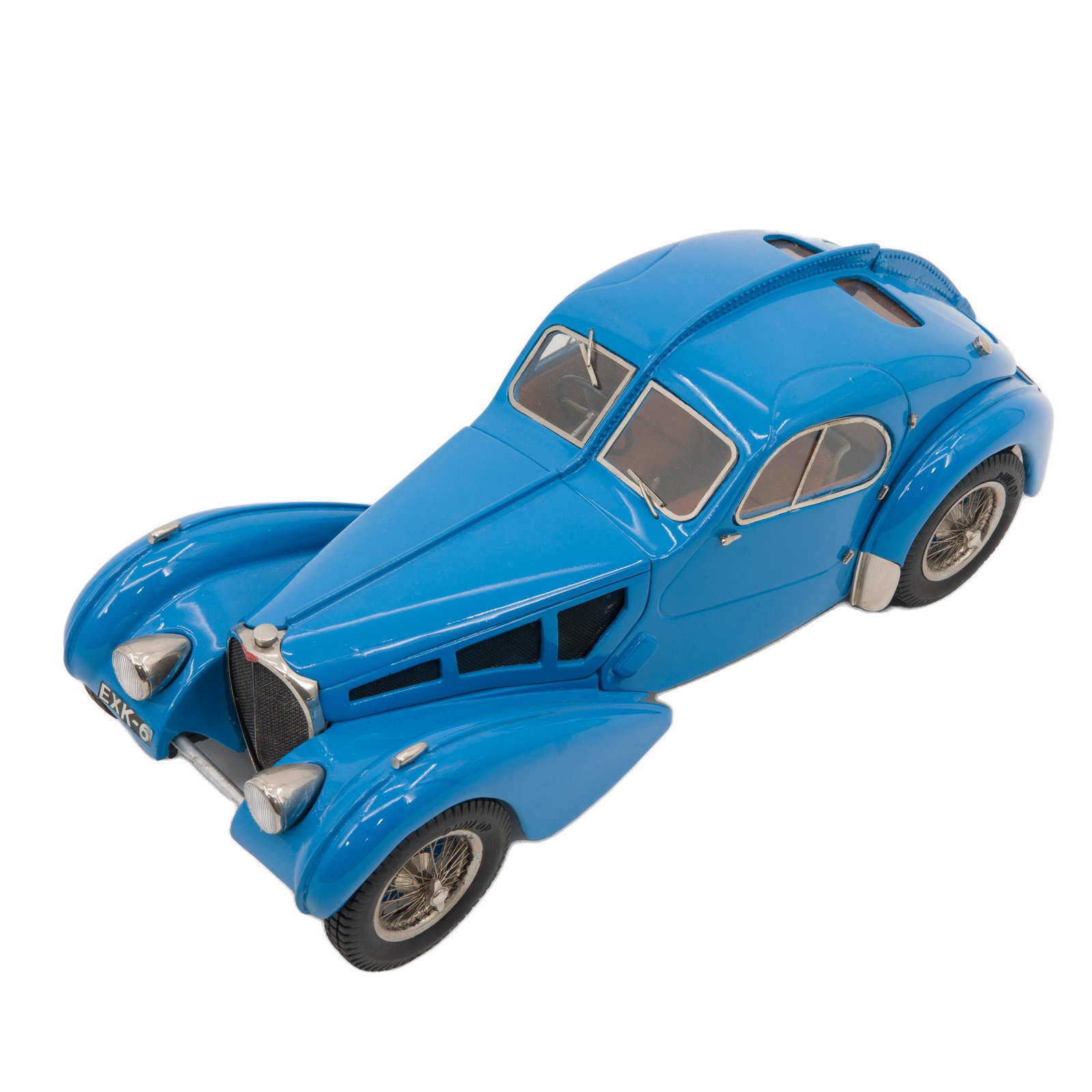 Bugatti 57S Atlantic 1938 Model: 1:18 Die cast model with metal parts. Hood opens to reveal engine, and boot opens to the spare tire. Incised mark on bottom N425. 12.5"l.