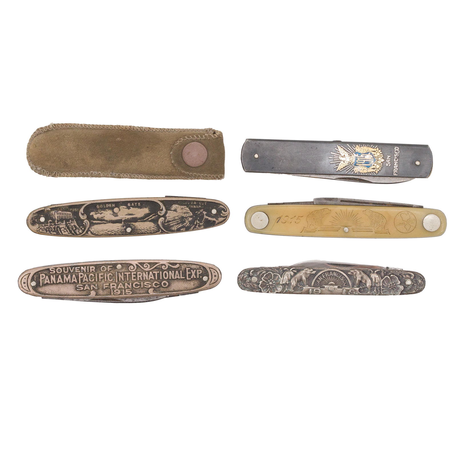 Panama-Pacific Pocket Knives: Group of five Panama-Pacific International Exposition pocket knives, including: one bakelite with incised bear and globe decoration; one with California state bear and California Poppies flanking "San
